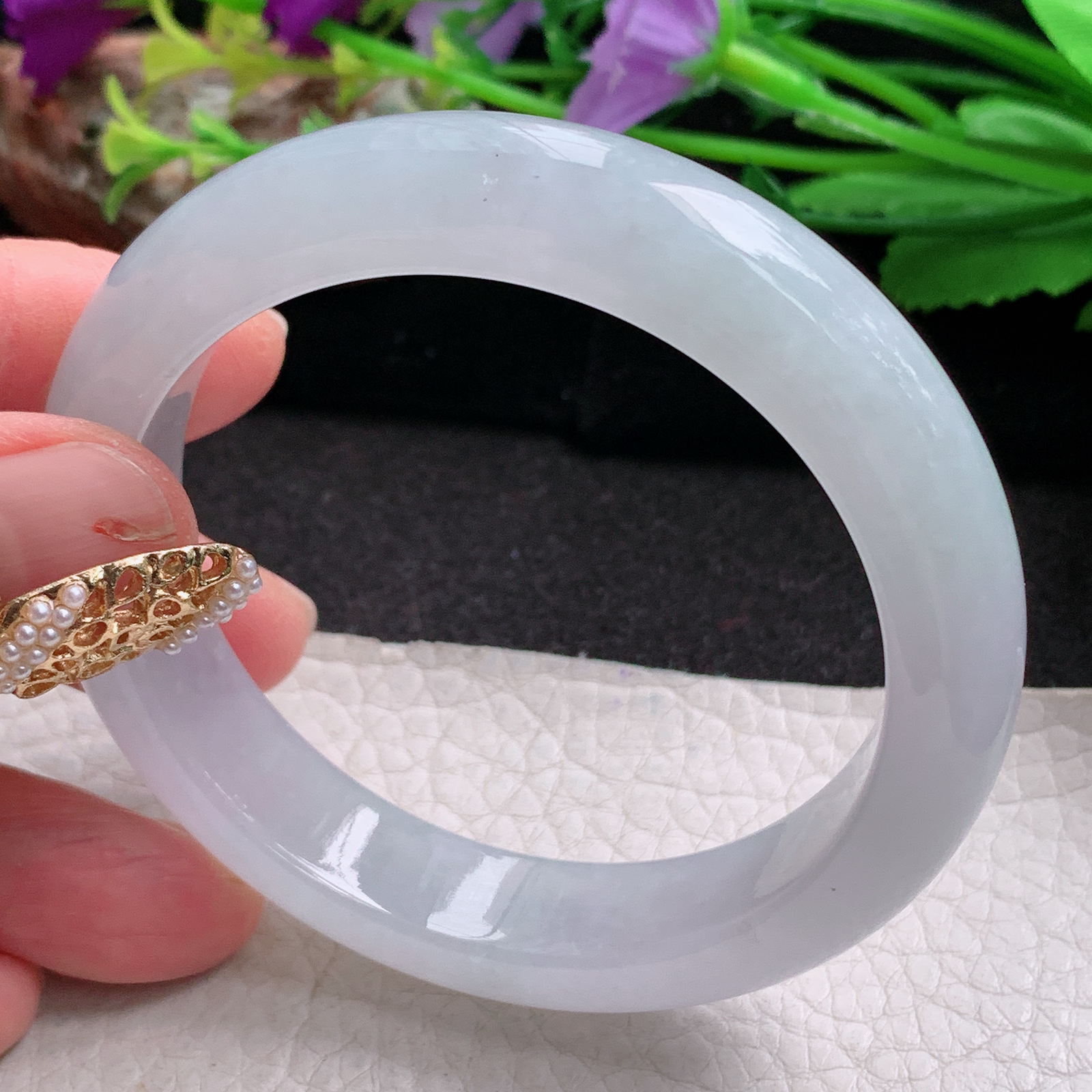 r冰纯款55*12.8*9平安镯 天然缅甸翡翠a货手镯冰润白月光正圈玉镯子