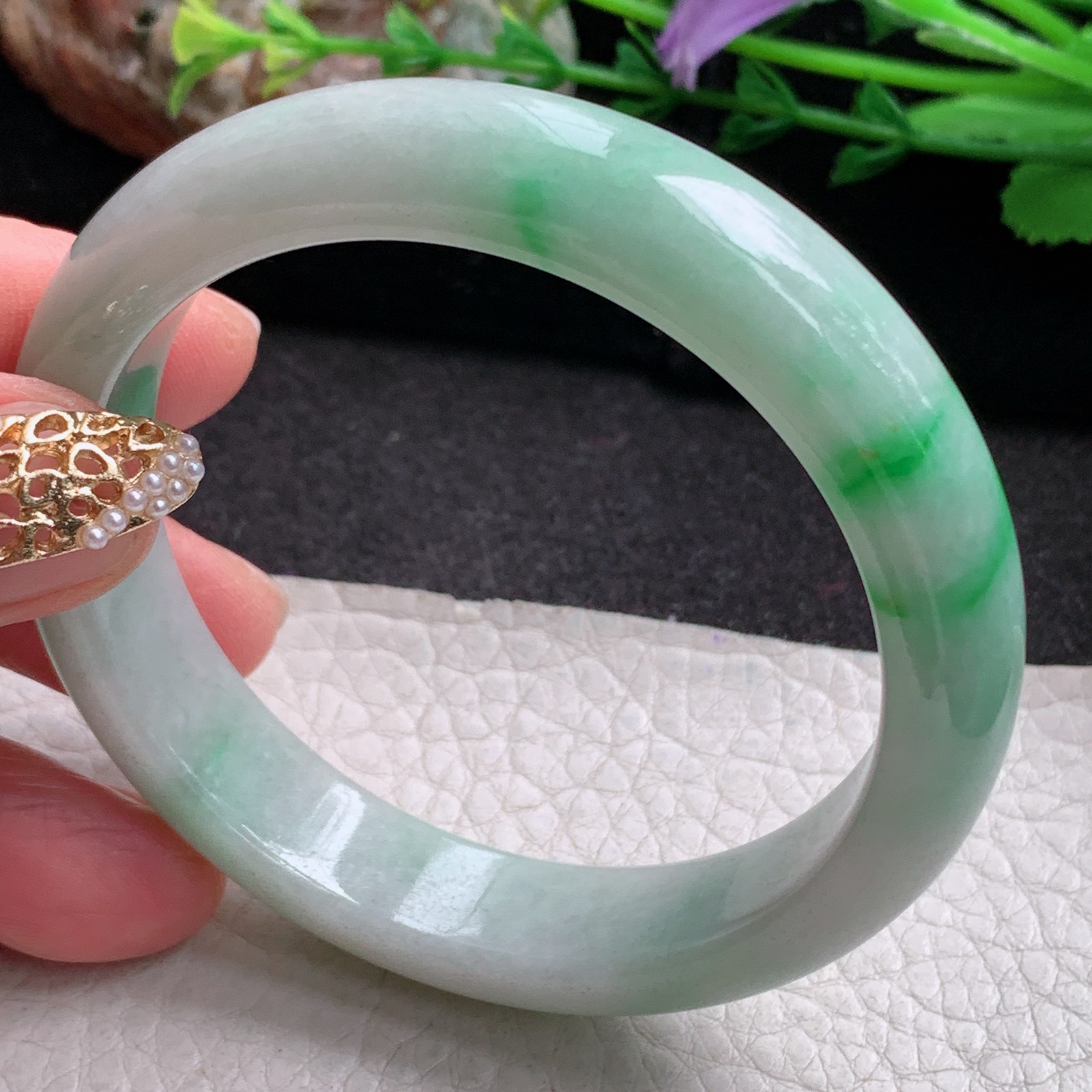 xx实拍54*12.3*8平安镯 天然缅甸翡翠a货手镯飘阳绿正圈玉镯子