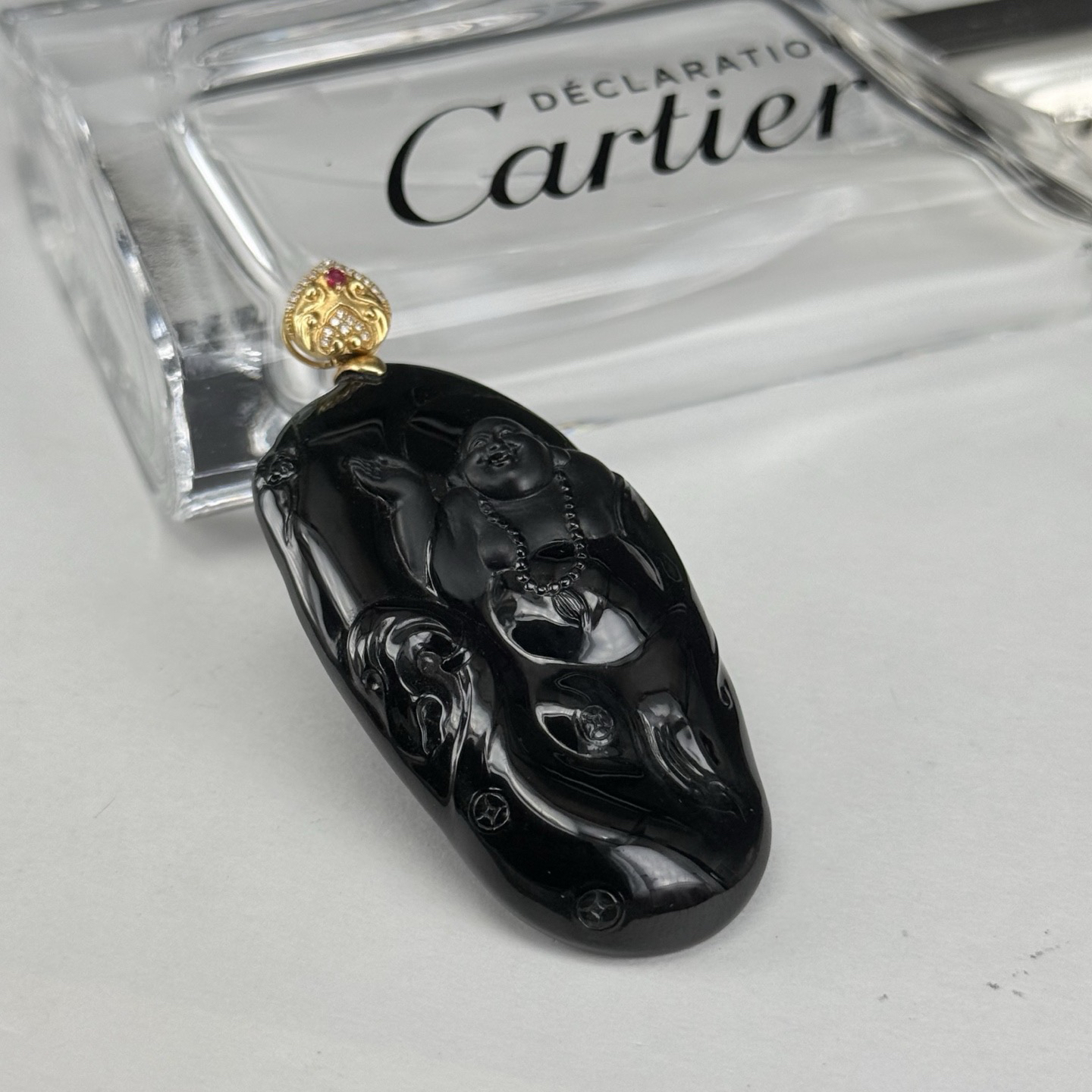 精品18k墨翠逍遥佛 种好色正 黑度极好 打灯通透 油性十足  尺寸58.9