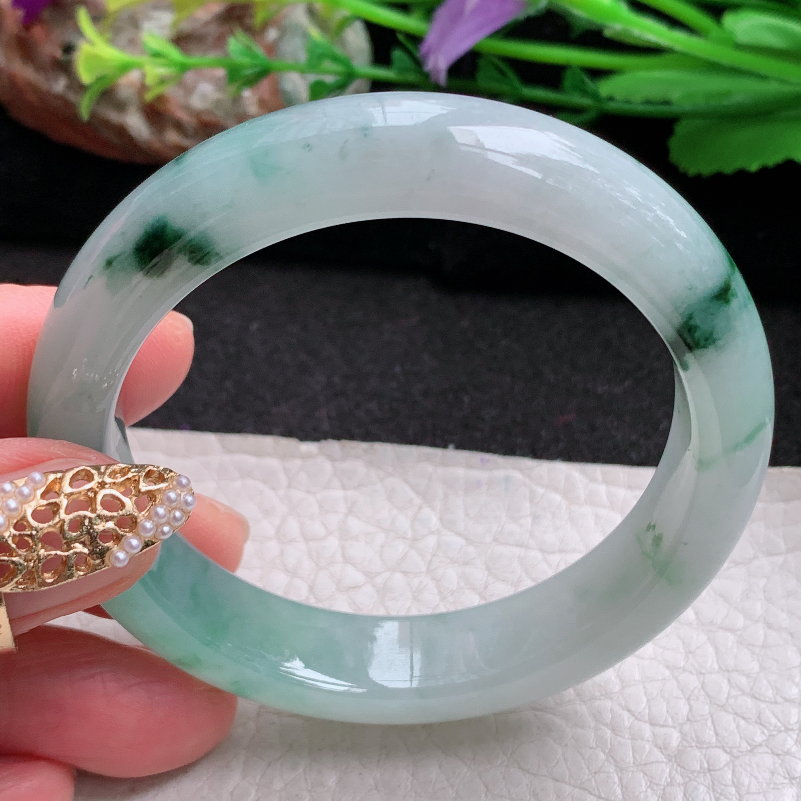 yh小圈口52*12.5*8平安镯 天然缅甸翡翠a货手镯冰润飘绿正圈玉镯子