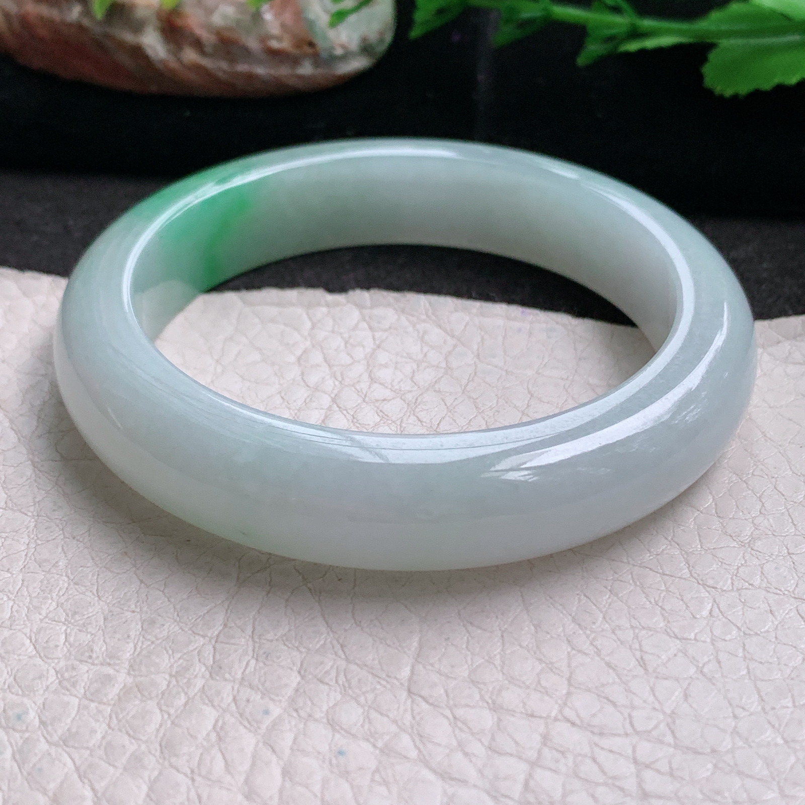 fx实拍53.5*12*8.5平安镯 天然缅甸翡翠a货手镯白底青飘绿正圈玉镯子