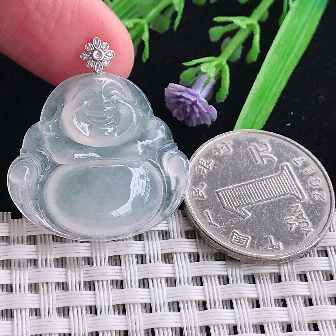 实拍天然a货翡翠26.3/29/5.9老坑18k金镶嵌白冰种佛公吊坠翡翠玉坠挂件