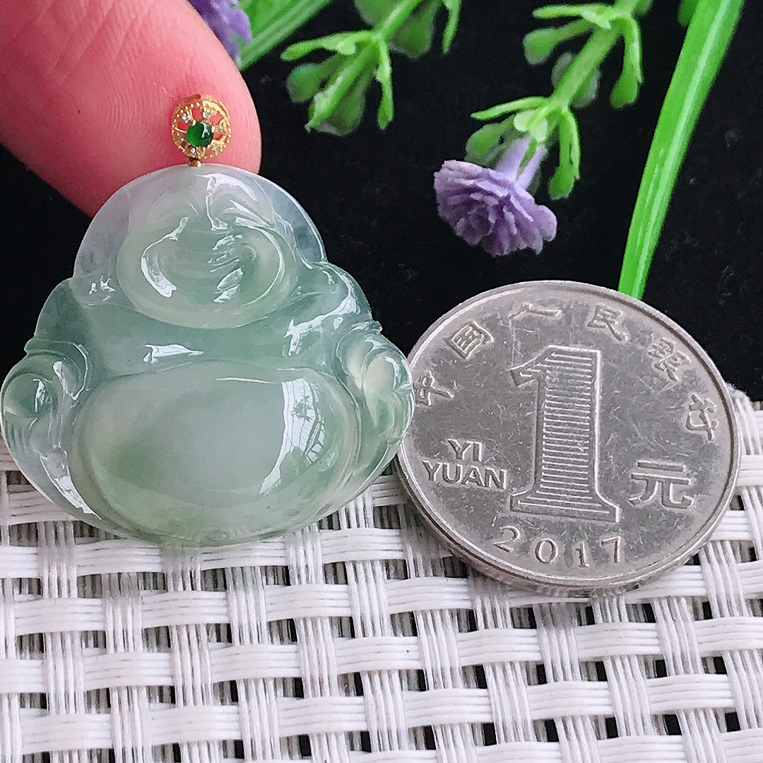 实拍a货翡翠26.2/28.3/5.3老坑18k金镶嵌冰晴绿佛公吊坠翡翠玉坠挂件