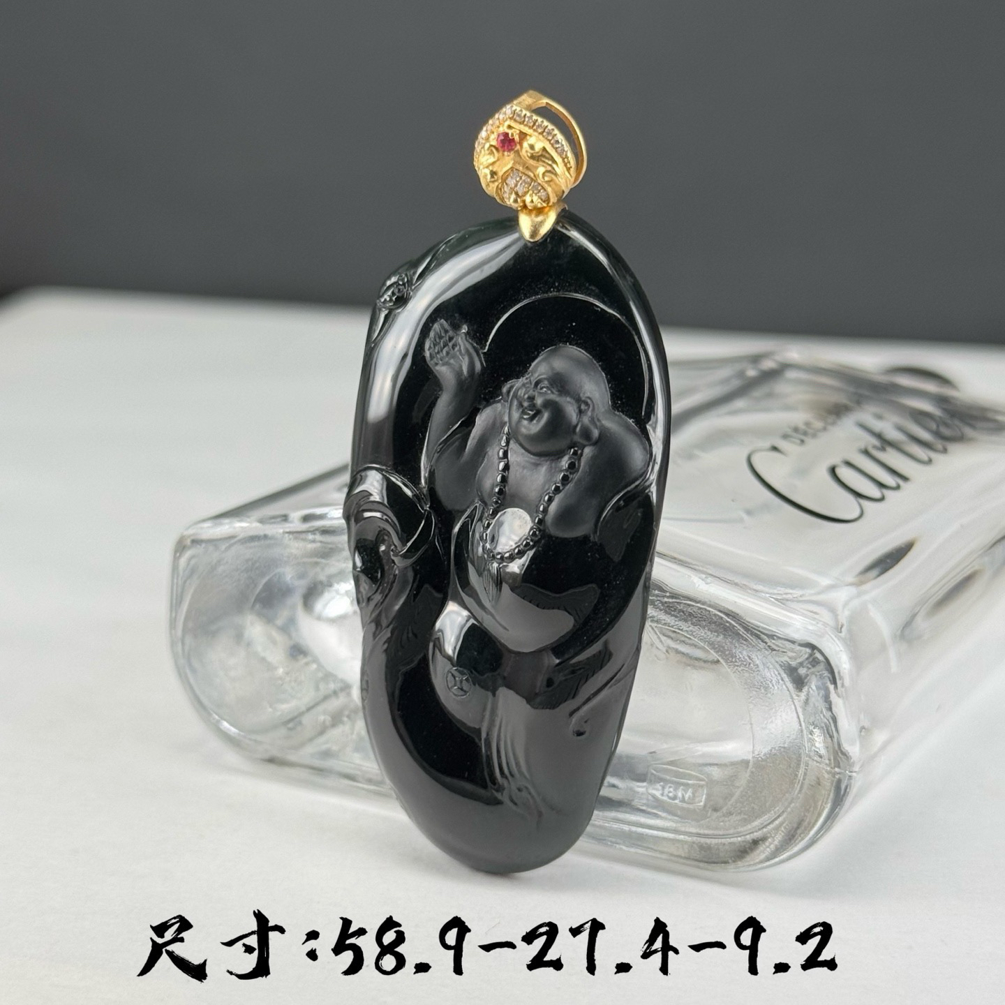 精品18k墨翠逍遥佛 种好色正 黑度极好 打灯通透 油性十足  尺寸58.9