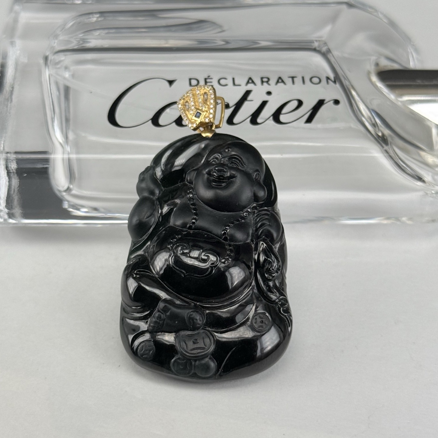 精品18k墨翠逍遥佛 种好色正 黑度极好 打灯通透 油性十足  尺寸52.1