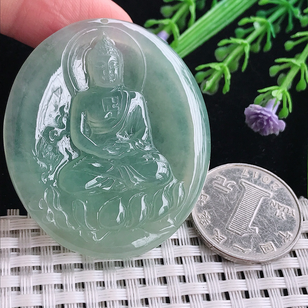 实拍a货翡翠49.7/42.5/6老坑冰胶果冻冰晴绿大日如来佛祖吊坠翡翠玉坠挂件