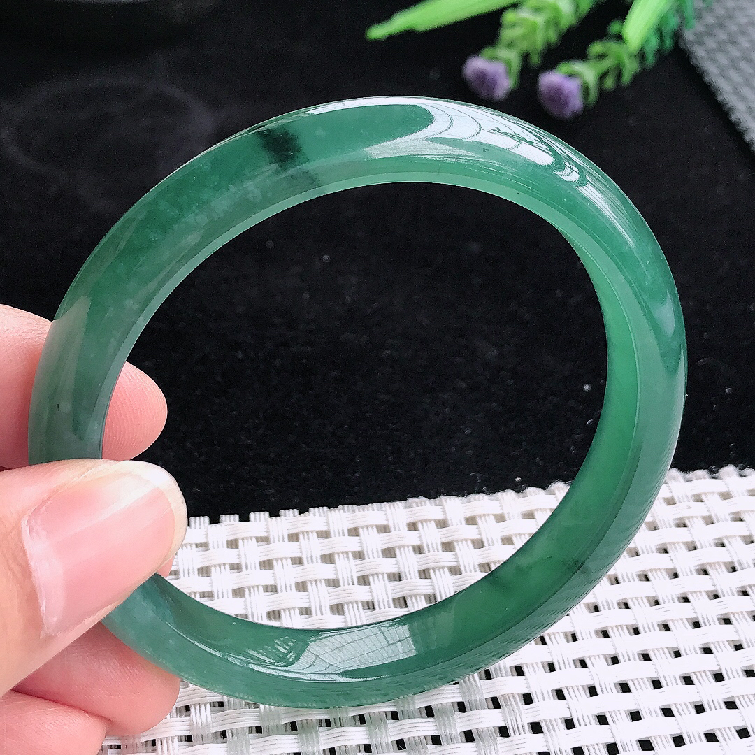 实拍A货翡翠59/10.1/7.8老坑冰透起胶满色蓝韵手镯宽边玉镯平安镯