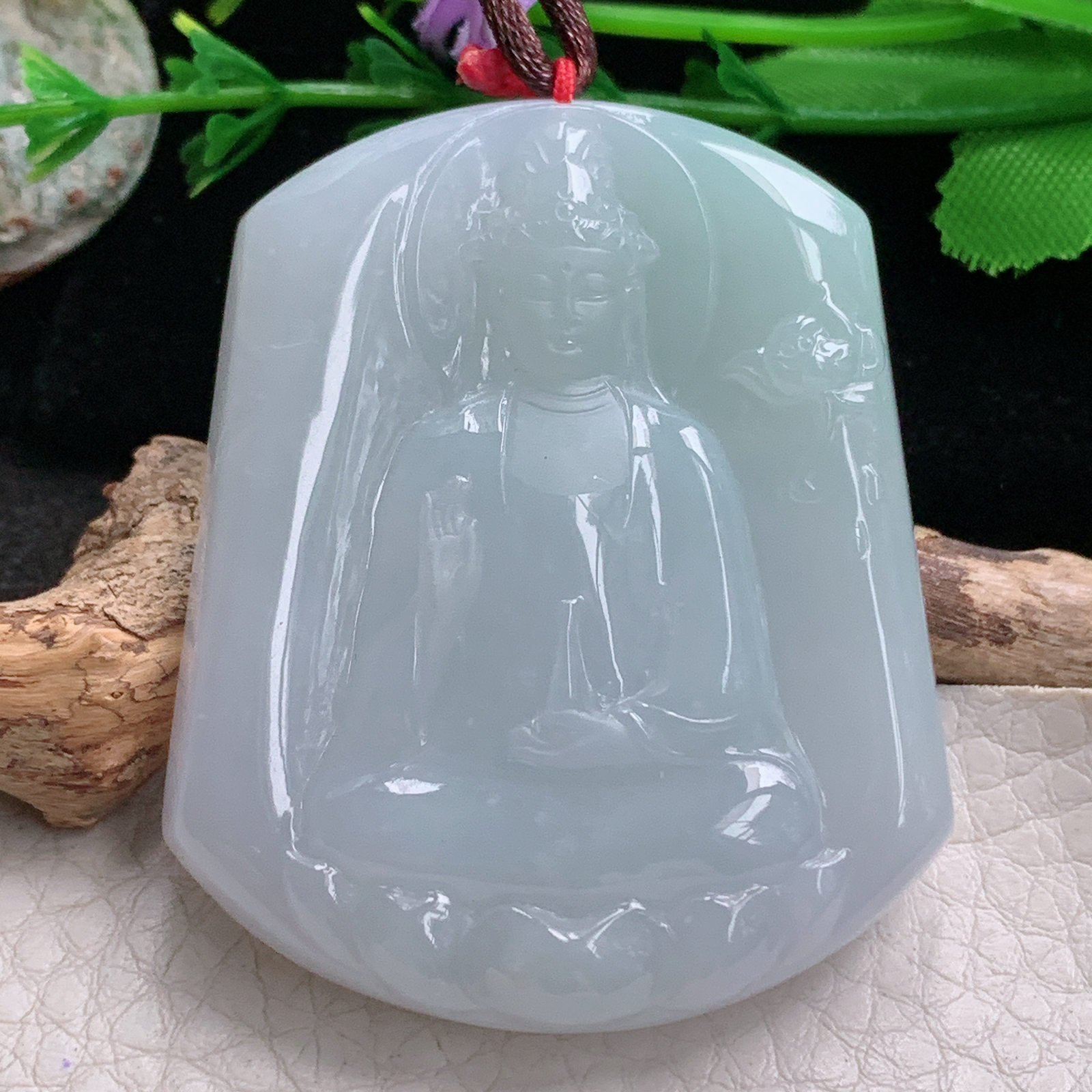 Bg实拍52.2*44*9缅甸翡翠净瓶观音菩萨吊坠