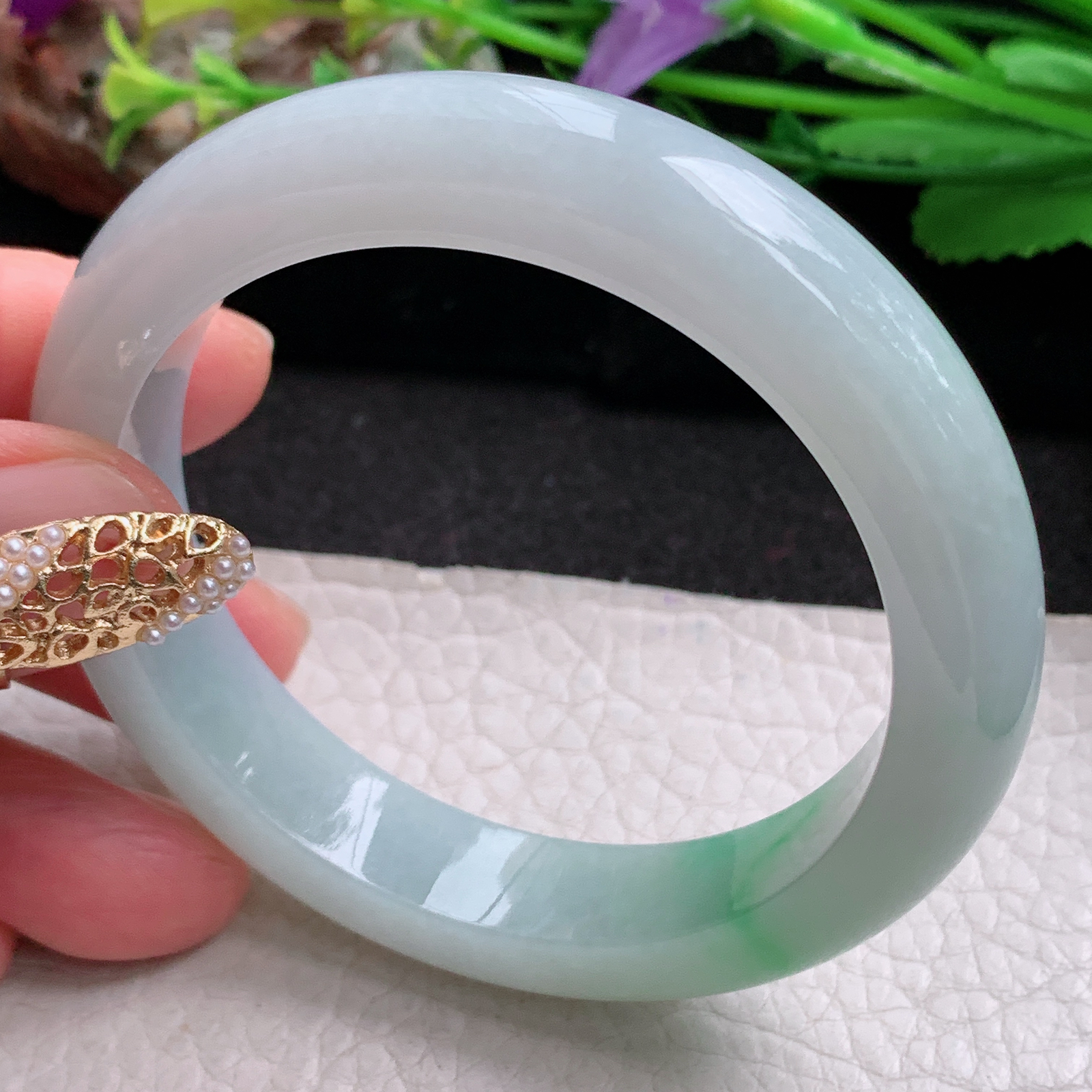 fx实拍53.5*12*8.5平安镯 天然缅甸翡翠a货手镯白底青飘绿正圈玉镯子