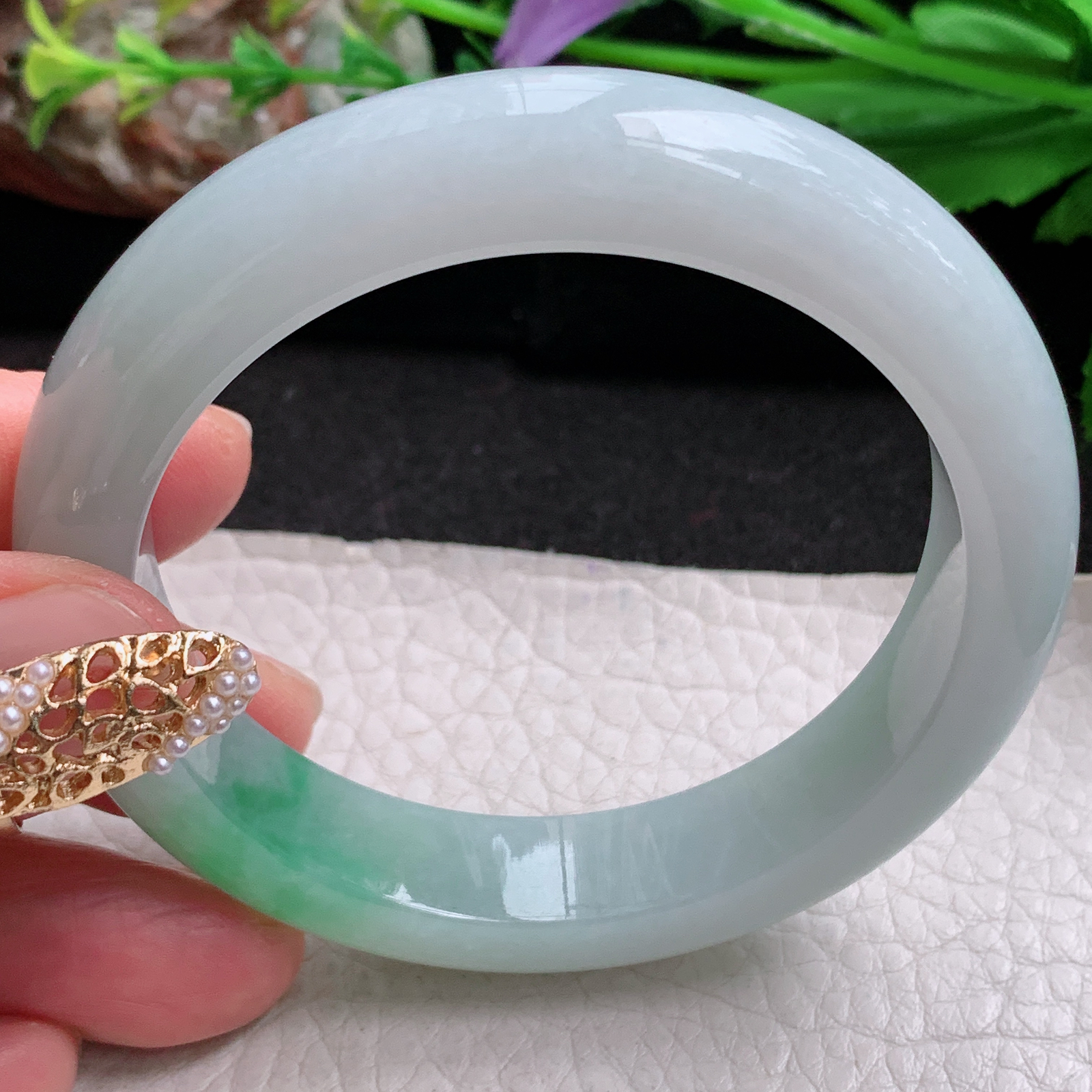 fx实拍53.5*12*8.5平安镯 天然缅甸翡翠a货手镯白底青飘绿正圈玉镯子