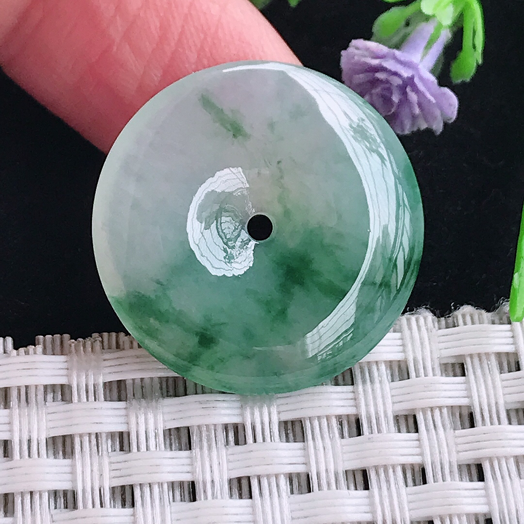 实拍天然a货翡翠24.2/4.5老坑冰胶果冻冰飘花平安扣吊坠翡翠玉坠挂件