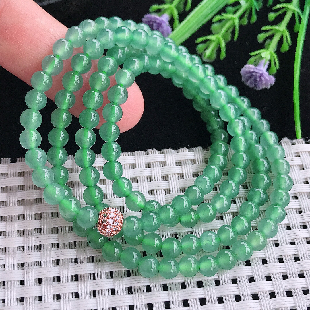 自然光5/138颗老坑冰透起胶满绿冰晴绿项链翡翠珠链百搭