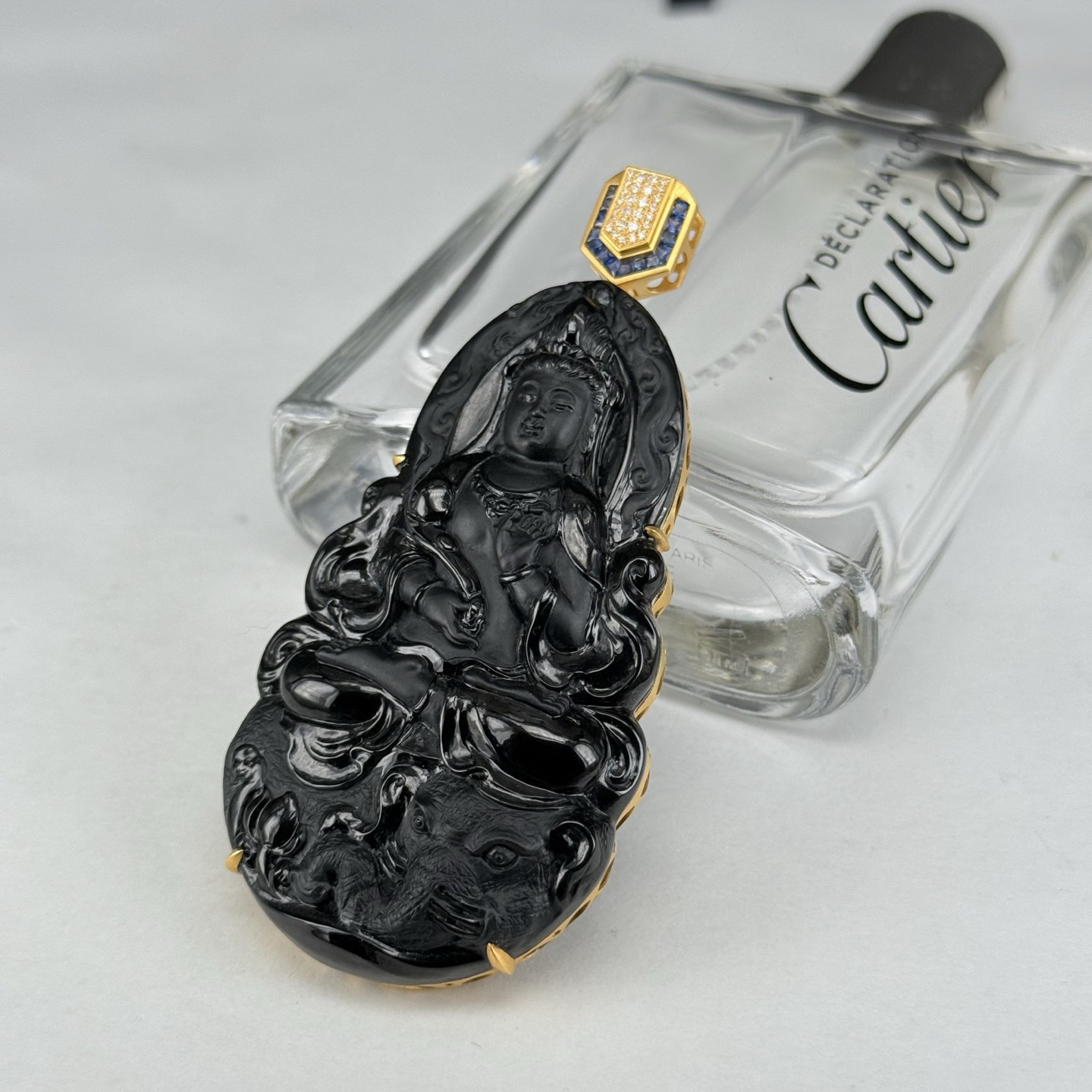 精品18k墨翠普贤菩萨 种好色正 黑度极好 打灯通透 油性十足 尺寸73.2