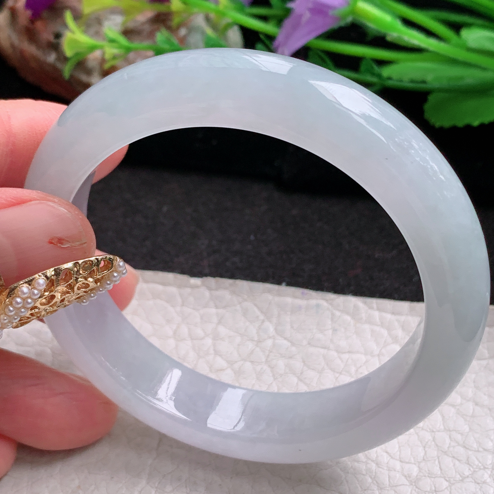 r冰纯款55*12.8*9平安镯 天然缅甸翡翠a货手镯冰润白月光正圈玉镯子