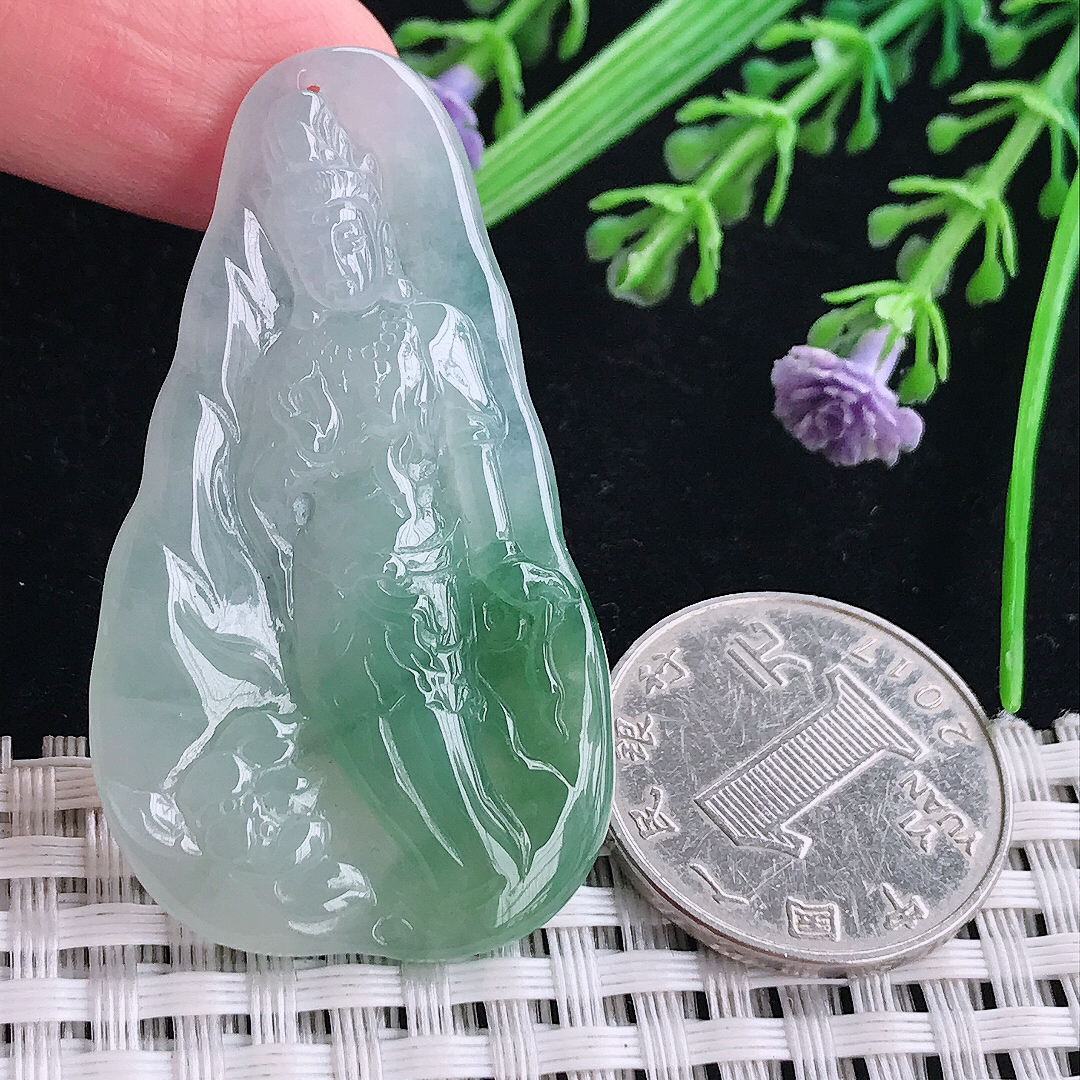 实拍a货翡翠49.5/28.3/5.8老坑冰润起胶飘花赐福观音吊坠翡翠玉坠挂件