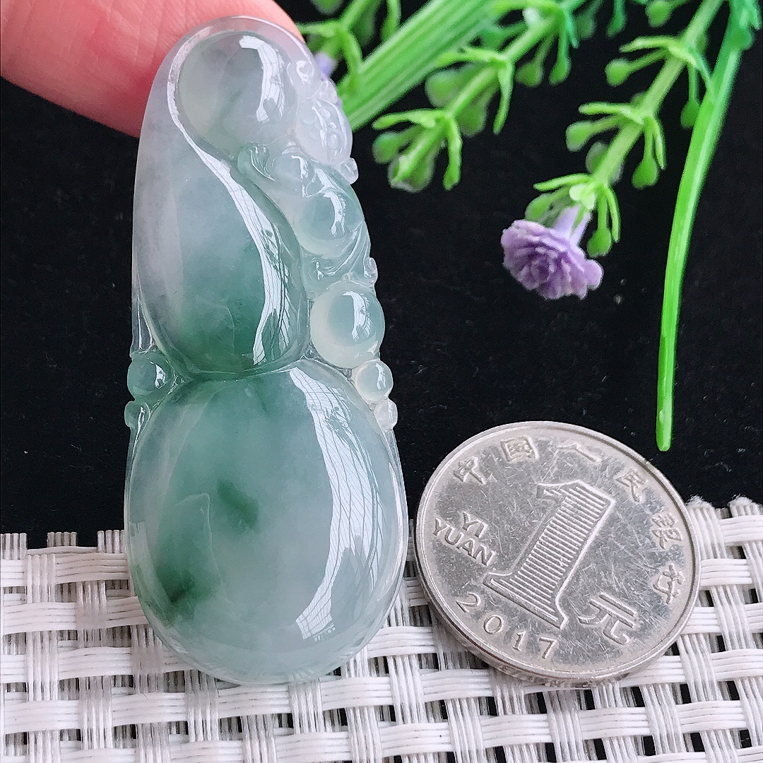 实拍a货翡翠54.7/23/6.3老坑冰胶飘花葫芦吊坠翡翠玉坠挂件