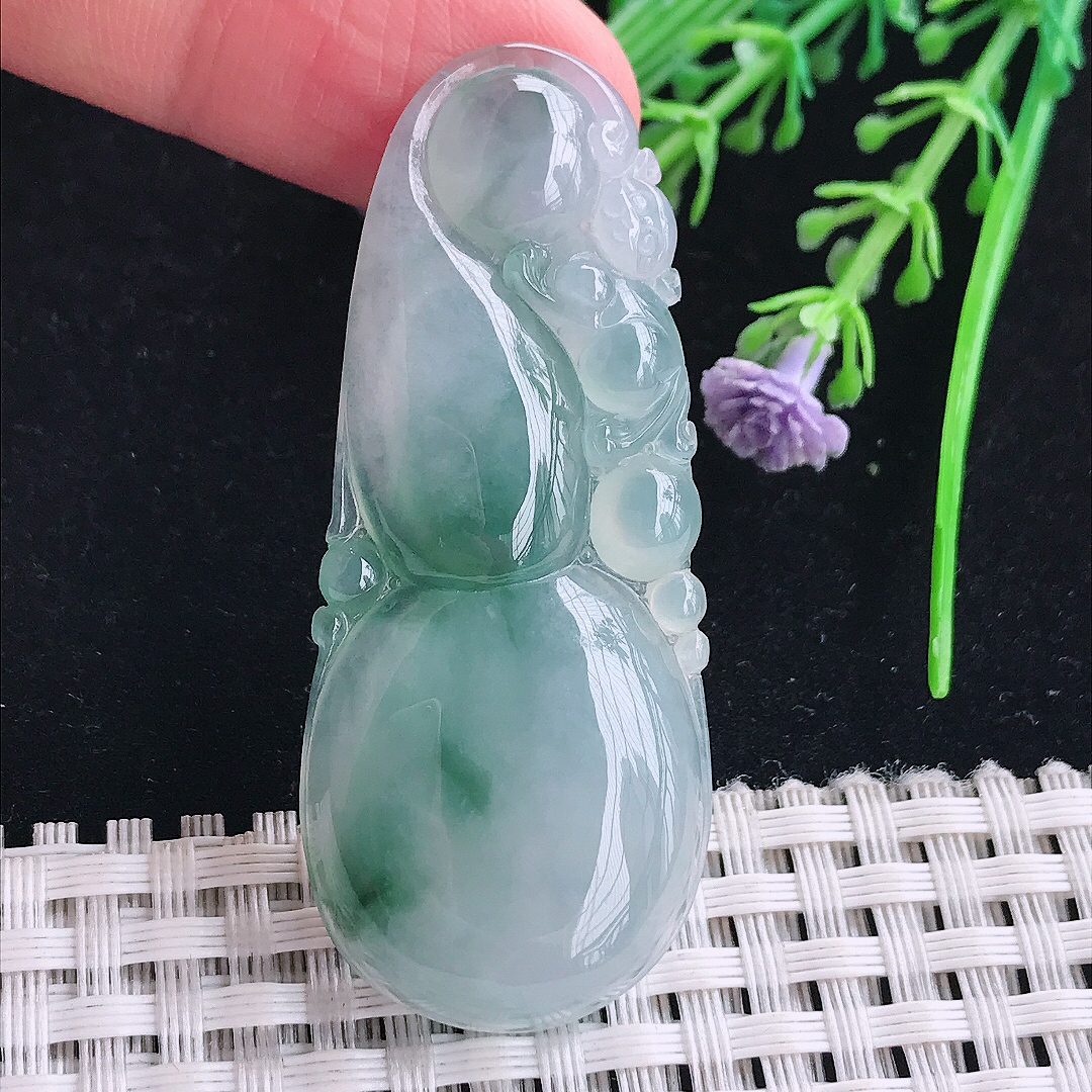 实拍a货翡翠54.7/23/6.3老坑冰胶飘花葫芦吊坠翡翠玉坠挂件
