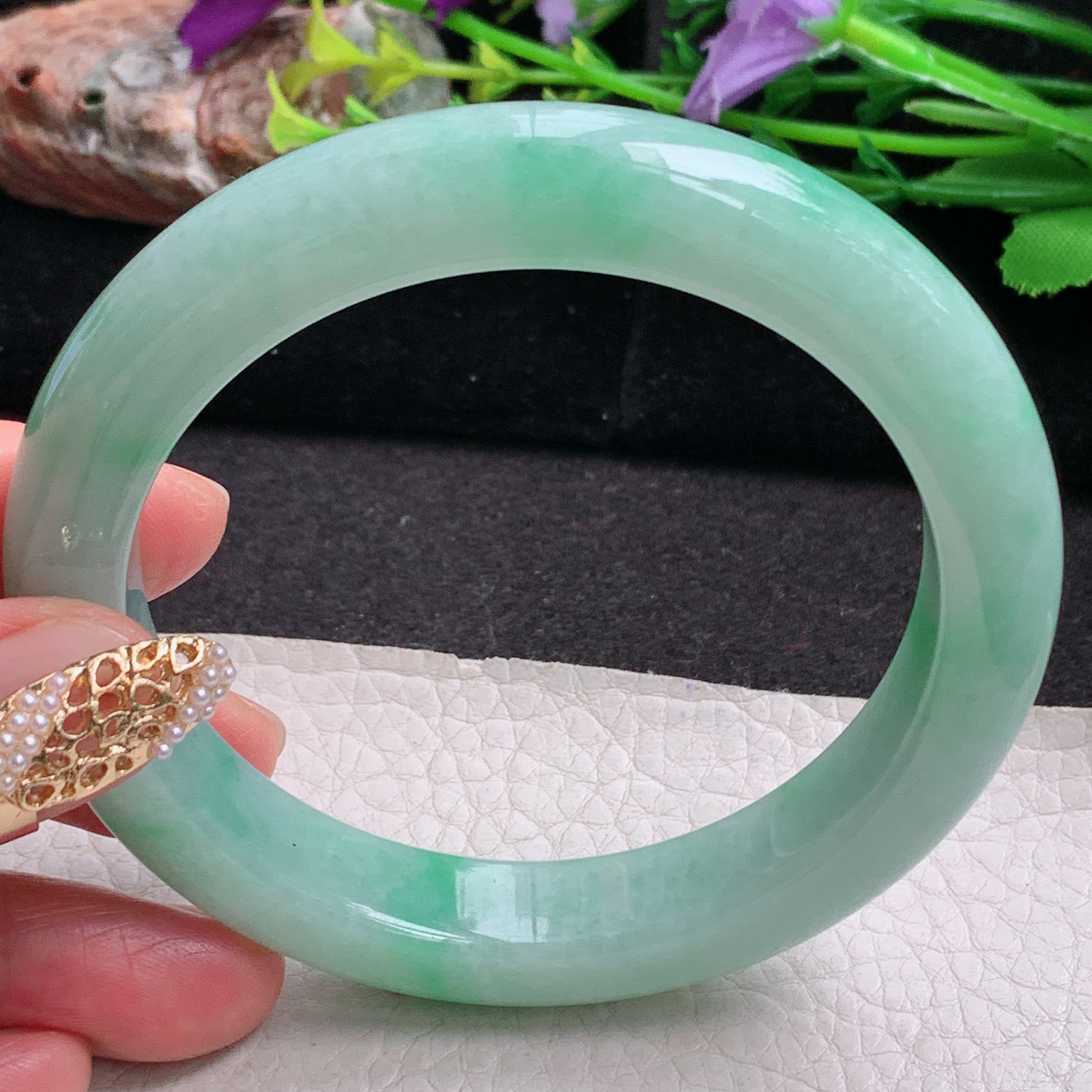 nr大圈口61.5*12.2*10平安镯 天然缅甸翡翠a货手镯飘绿水润大气玉镯子