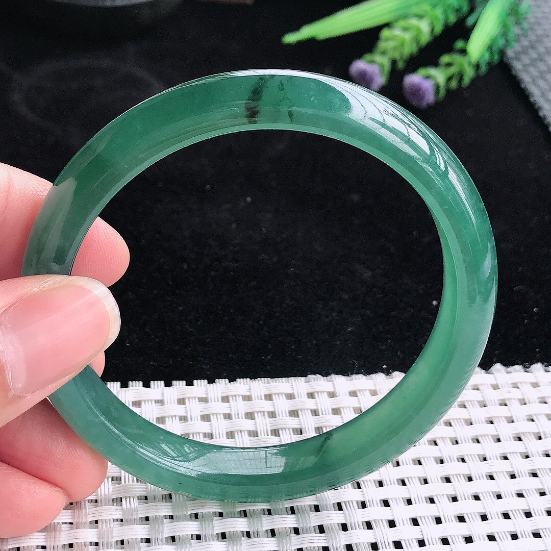 实拍A货翡翠59/10.1/7.8老坑冰透起胶满色蓝韵手镯宽边玉镯平安镯