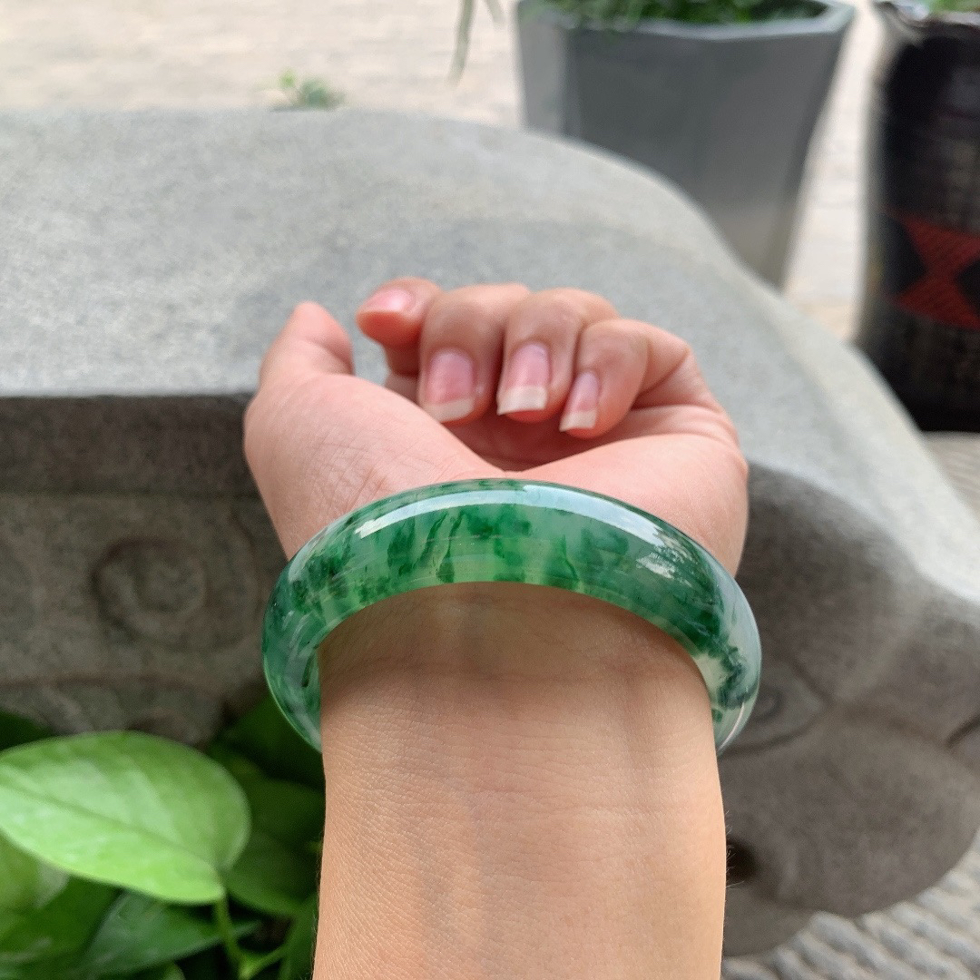 圈口 54.3-14-7.6【冰绿飘花正圈手镯】正圈54 55可戴