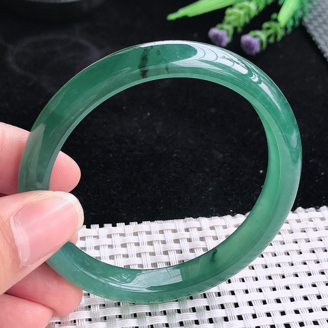 实拍A货翡翠59/10.1/7.8老坑冰透起胶满色蓝韵手镯宽边玉镯平安镯