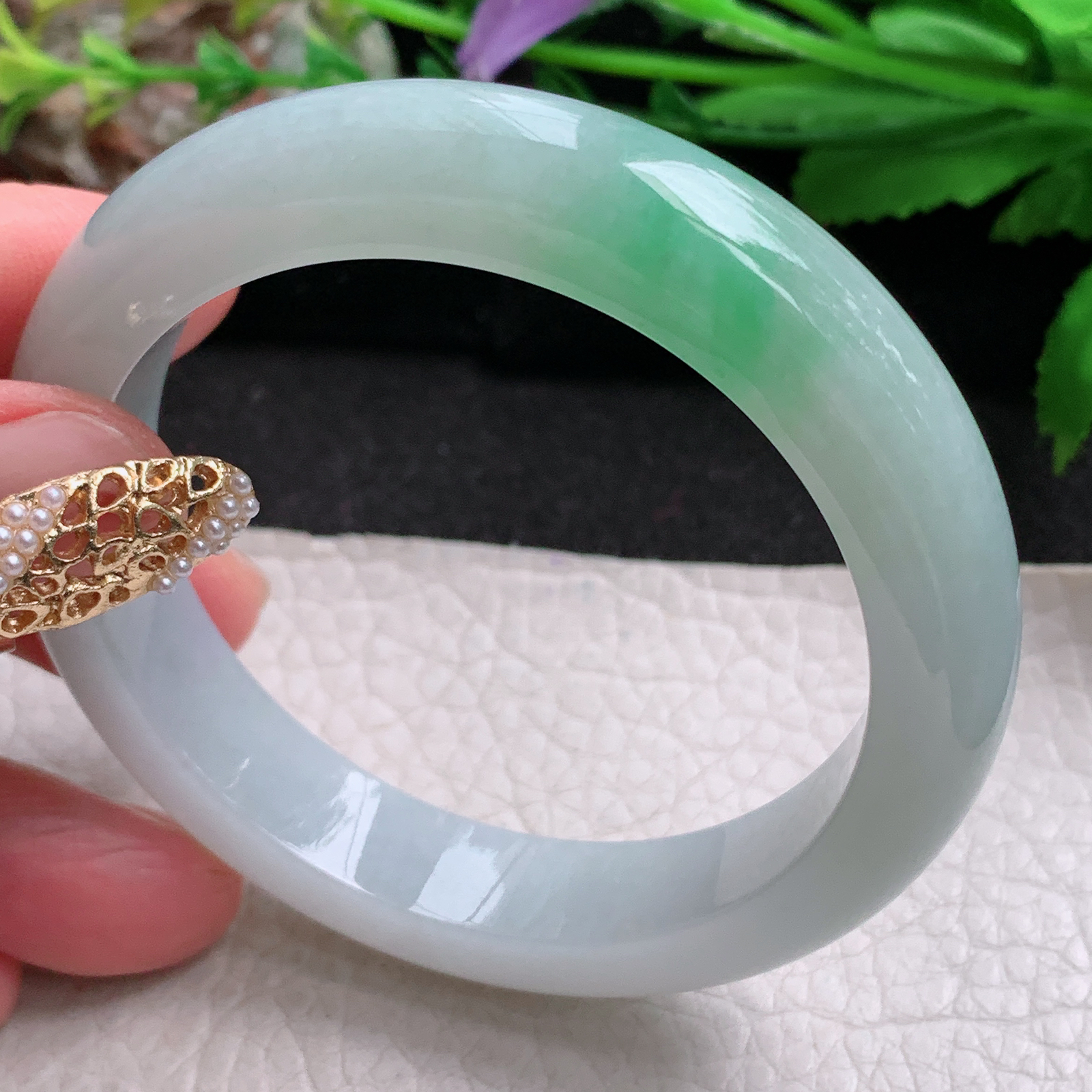 fx实拍53.5*12*8.5平安镯 天然缅甸翡翠a货手镯白底青飘绿正圈玉镯子