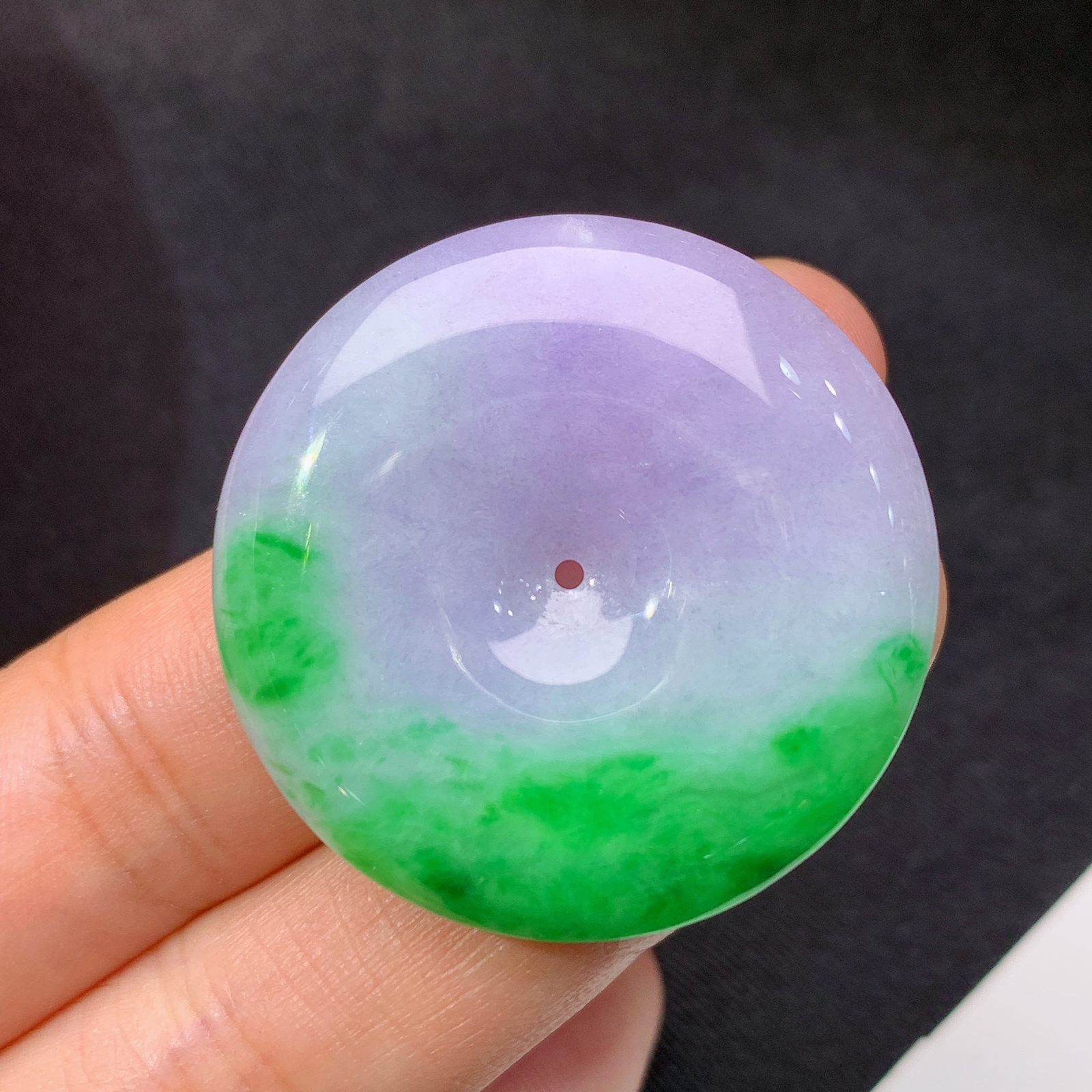 紫飘绿平安扣，冰润鲜艳，玉质细腻，种水足，Be 尺寸33.3*5.7