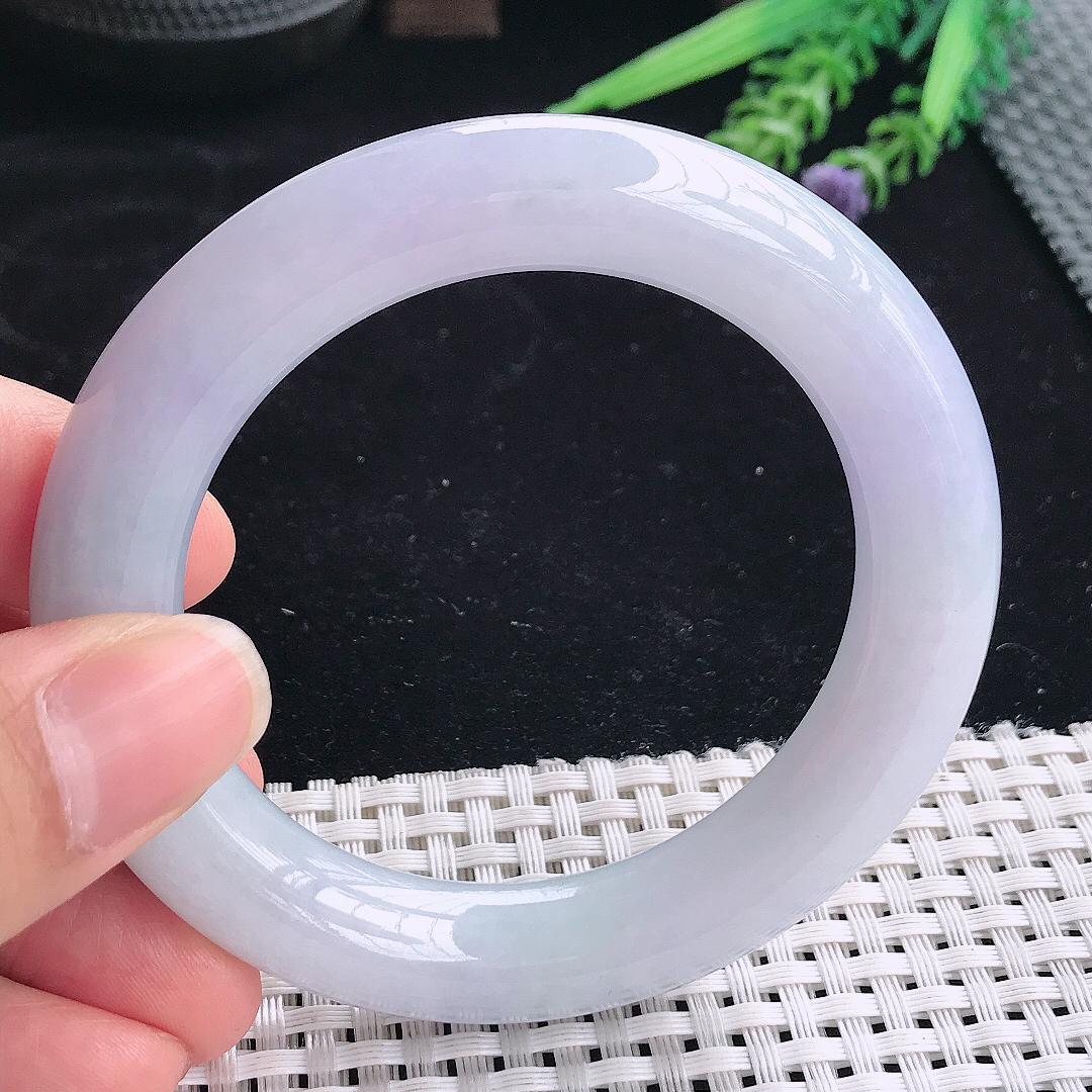 实拍A货翡翠54.5/12/11.6老坑精美温润紫罗兰圆条手镯翡翠玉镯平安镯