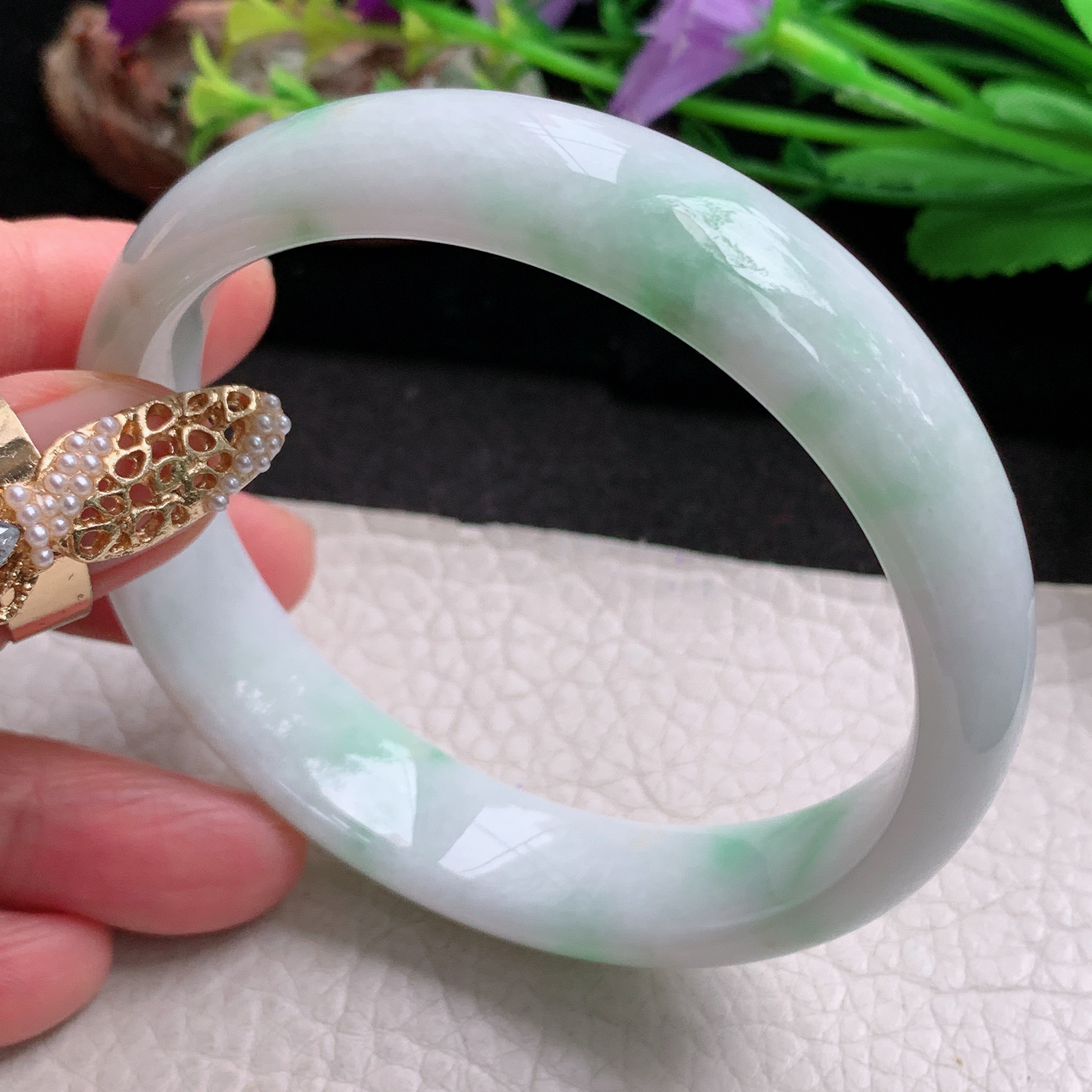 ee大圈口60*14.3*7平安镯 天然缅甸翡翠a货手镯飘绿大气正圈玉镯子