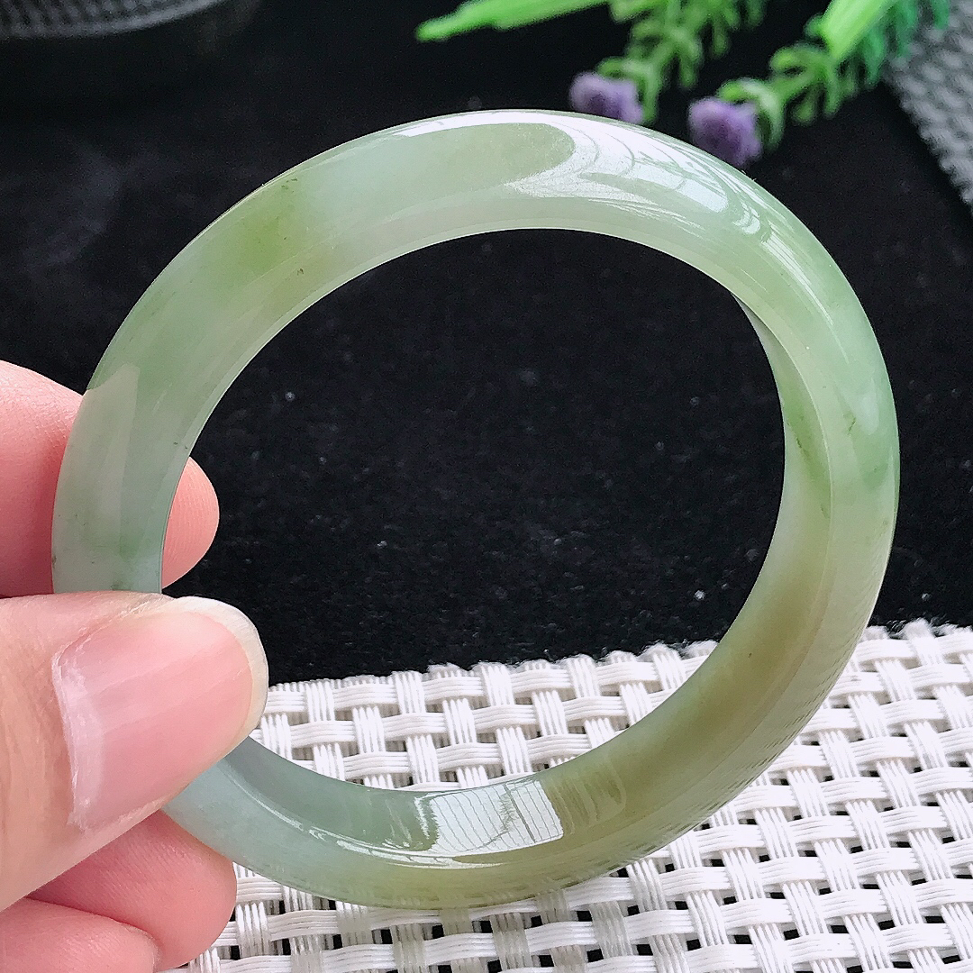 实拍A货翡翠52/11.2/7.5老坑冰胶果冻飘花黄翡手镯宽边玉镯平安镯