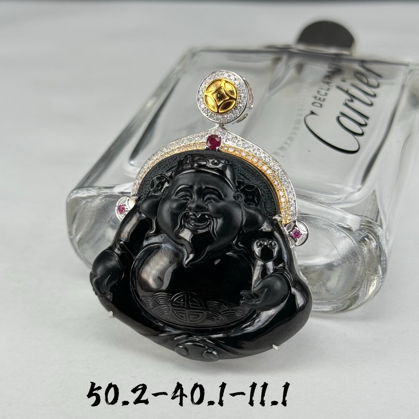 精品18k墨翠财神爷 种好色正 黑度极好 打灯通透 油性十足  尺寸50.2