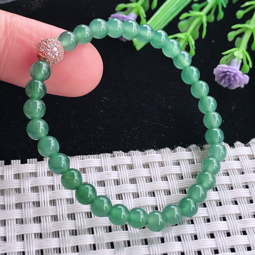 自然光5/32颗老坑冰润起胶满色蓝韵圆珠手链翡翠珠链手串百搭