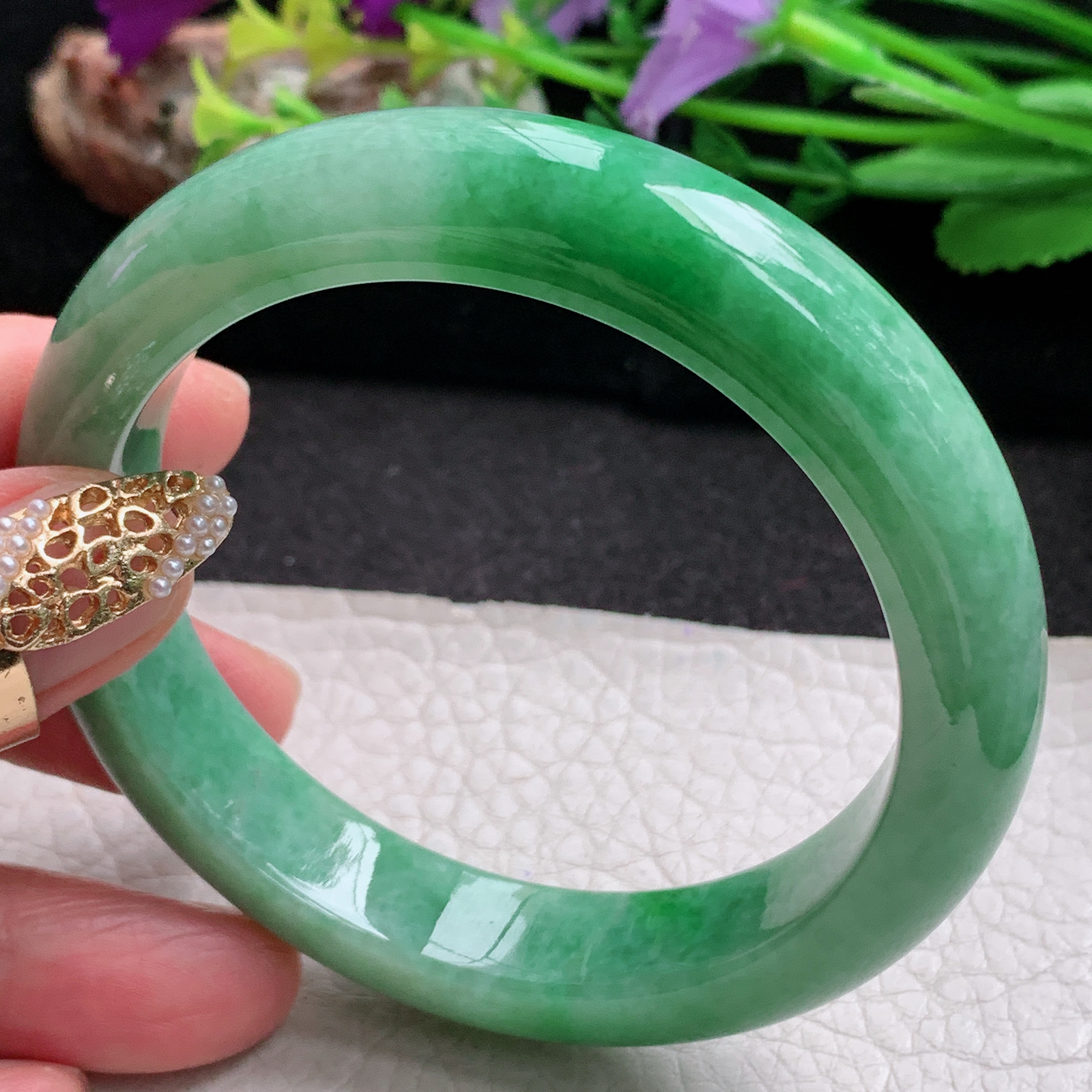 xx实拍57*12.9*8.8平安镯 天然缅甸翡翠a货手镯辣绿正圈玉镯子