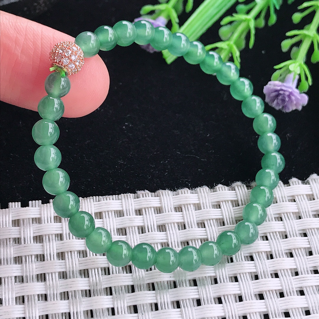 自然光5/32颗老坑冰润起胶满色蓝韵圆珠手链翡翠珠链手串百搭