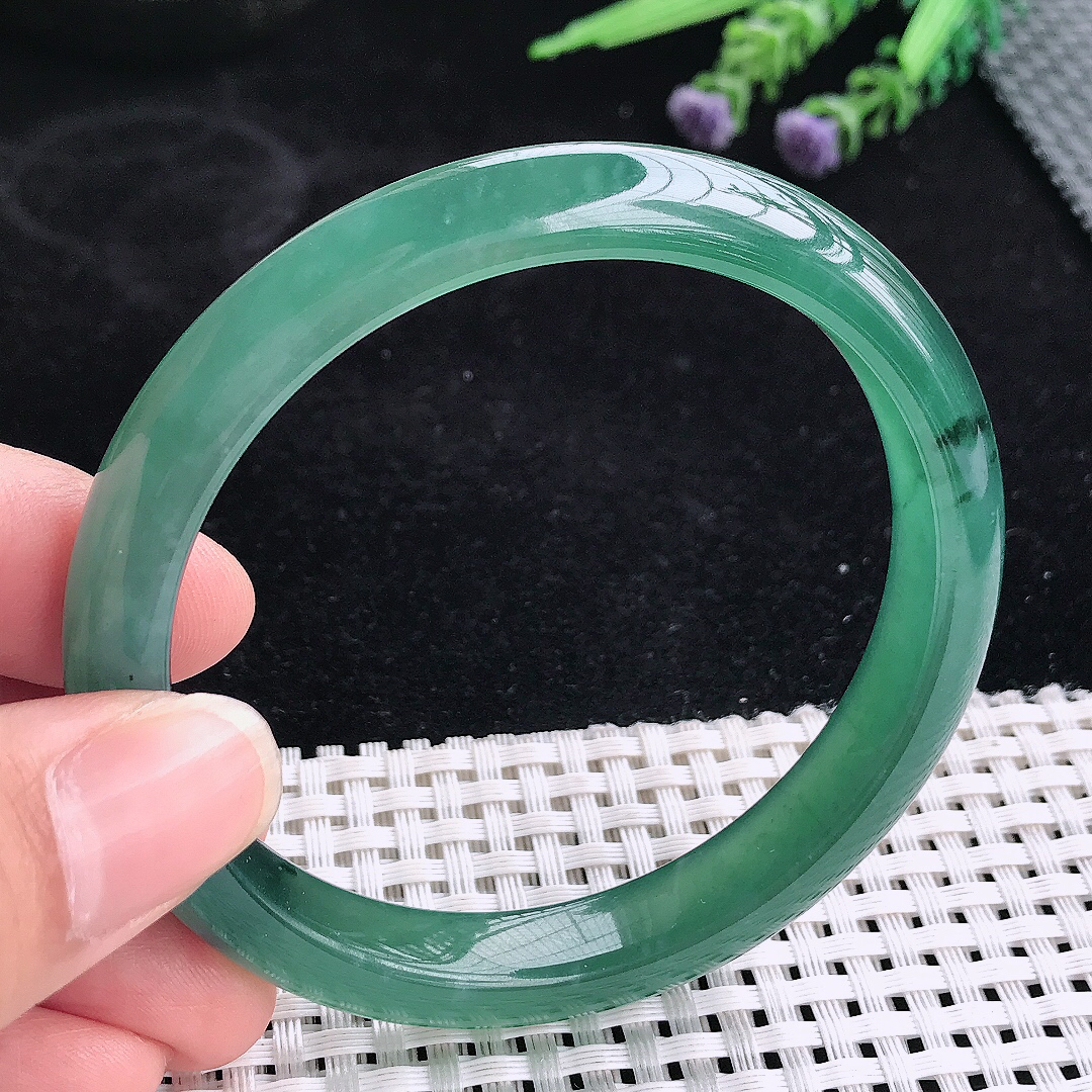 实拍A货翡翠59/10.1/7.8老坑冰透起胶满色蓝韵手镯宽边玉镯平安镯