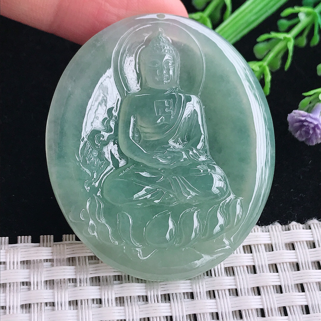 实拍a货翡翠49.7/42.5/6老坑冰胶果冻冰晴绿大日如来佛祖吊坠翡翠玉坠挂件
