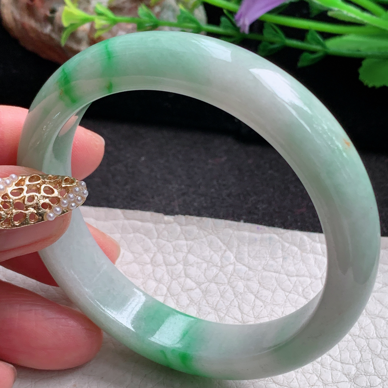 xx实拍54*12.3*8平安镯 天然缅甸翡翠a货手镯飘阳绿正圈玉镯子