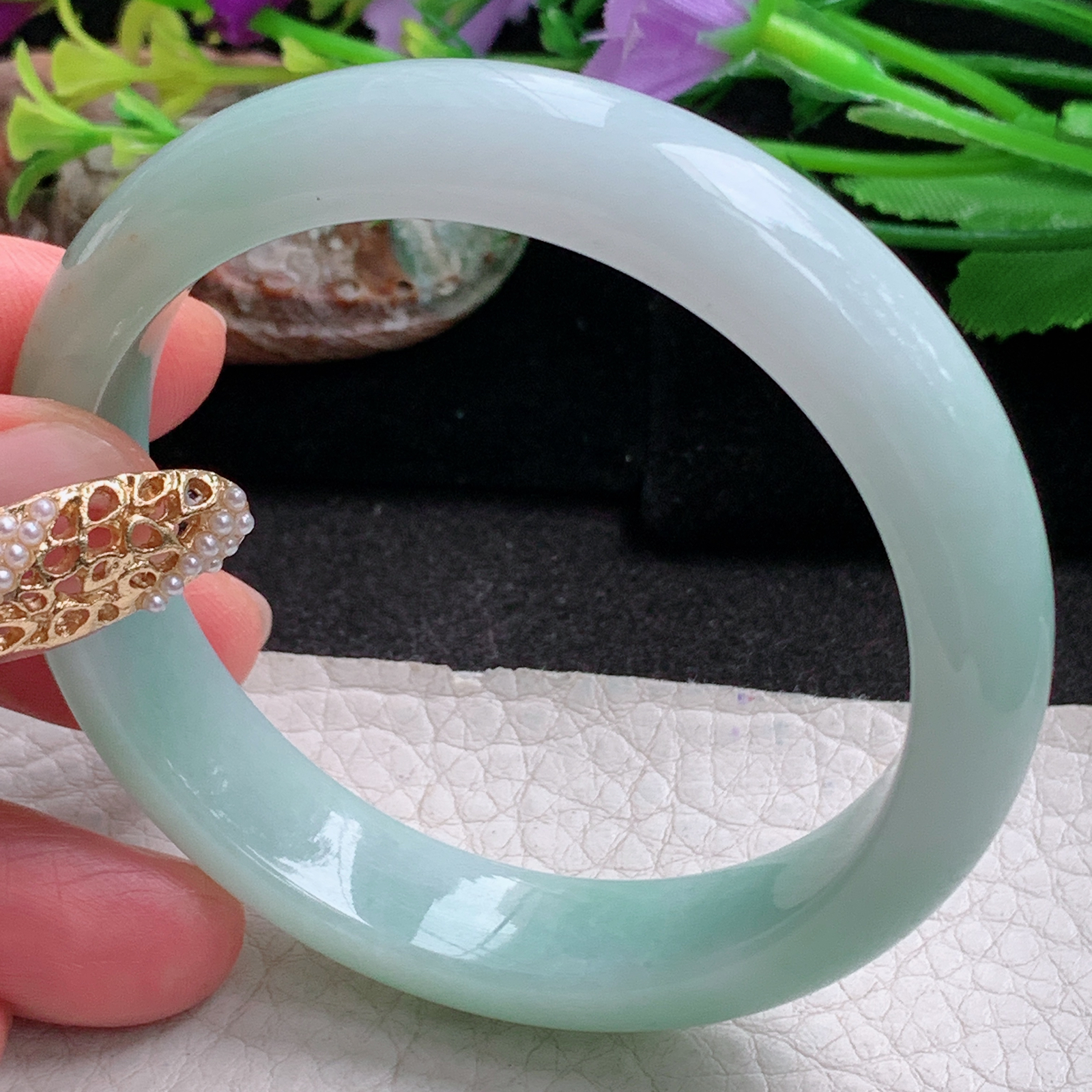 nr实拍54*12*7.3平安镯 天然缅甸翡翠a货手镯飘绿水润正圈玉镯子