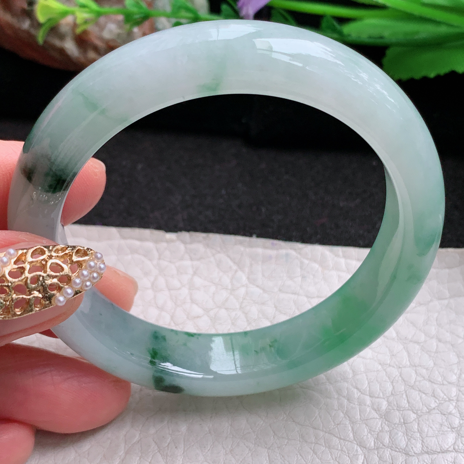 yh小圈口52*12.5*8平安镯 天然缅甸翡翠a货手镯冰润飘绿正圈玉镯子