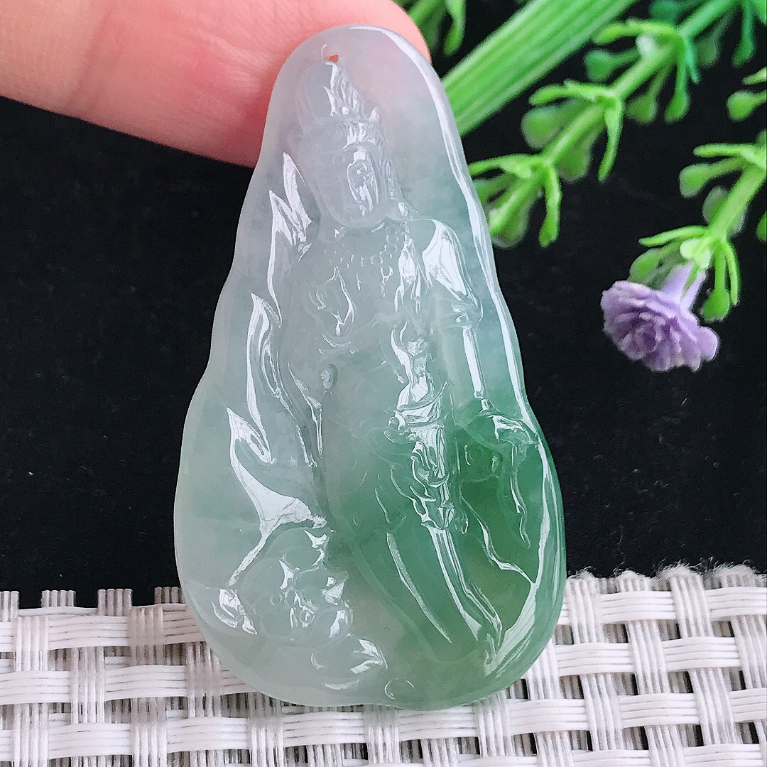 实拍a货翡翠49.5/28.3/5.8老坑冰润起胶飘花赐福观音吊坠翡翠玉坠挂件