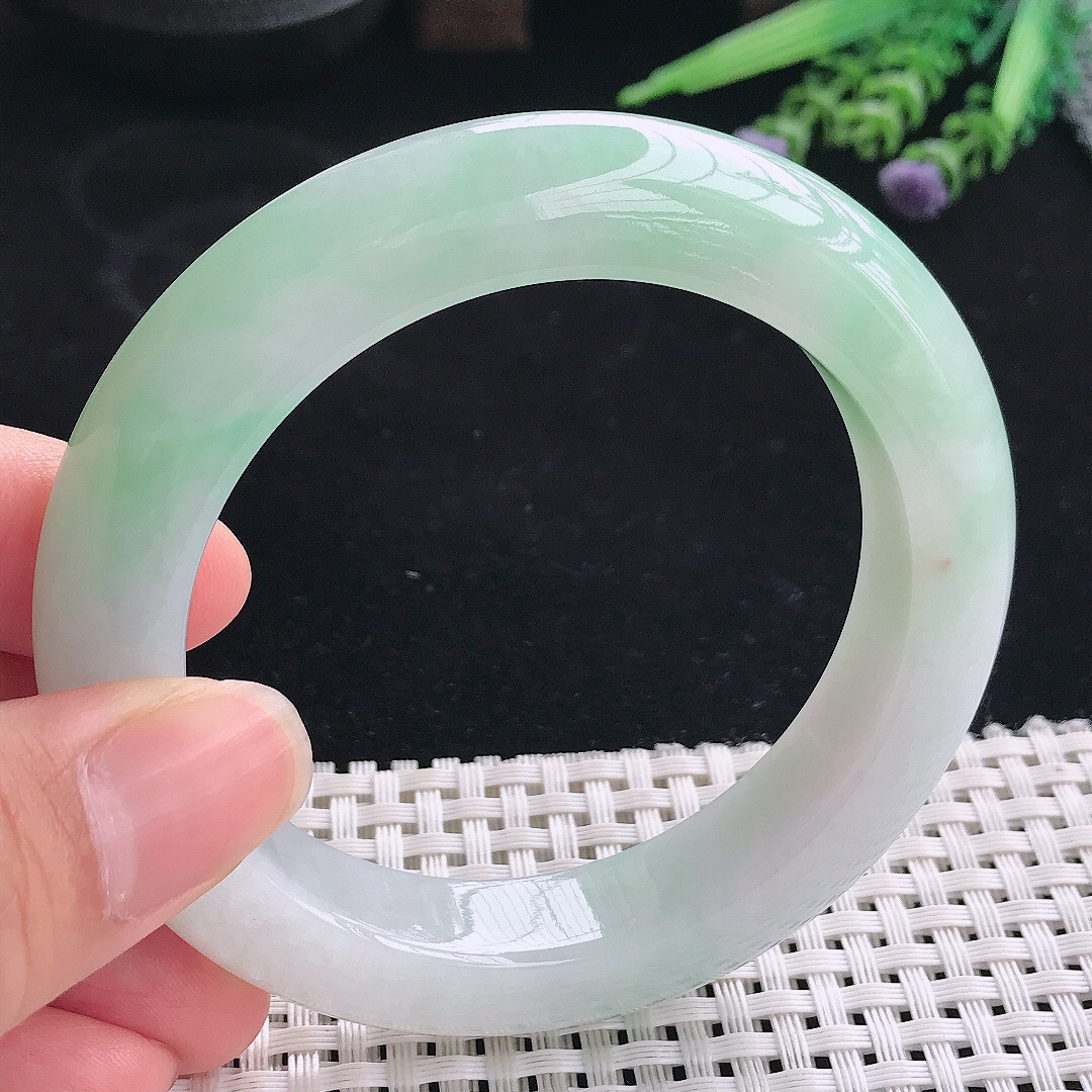 实拍A货翡翠57/12.8/10.8老坑冰润起胶冰晴手镯宽边玉镯平安镯