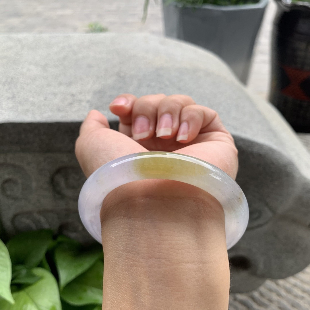 圈口55.3-10.3 【冰紫飘黄翡圆条手镯】圆条55 56可戴