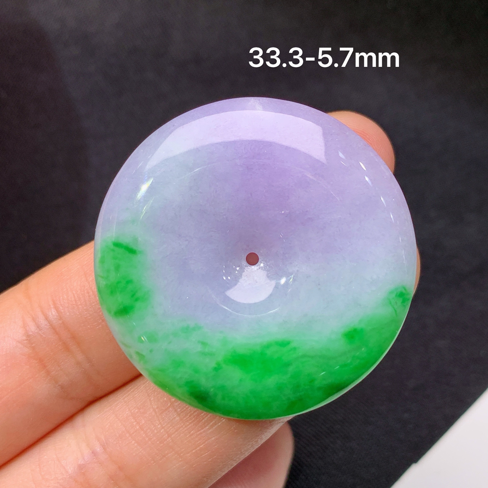 紫飘绿平安扣，冰润鲜艳，玉质细腻，种水足，Be 尺寸33.3*5.7