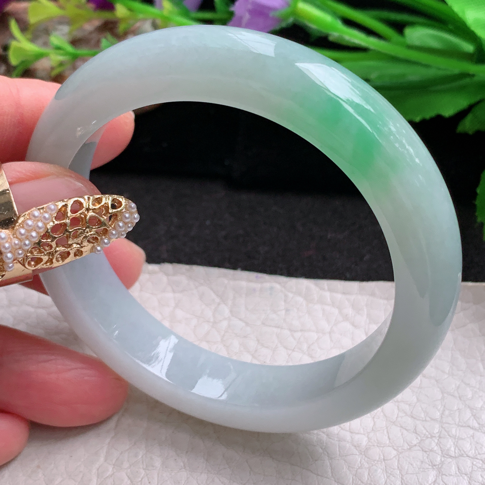 fx实拍53.5*12*8.5平安镯 天然缅甸翡翠a货手镯白底青飘绿正圈玉镯子