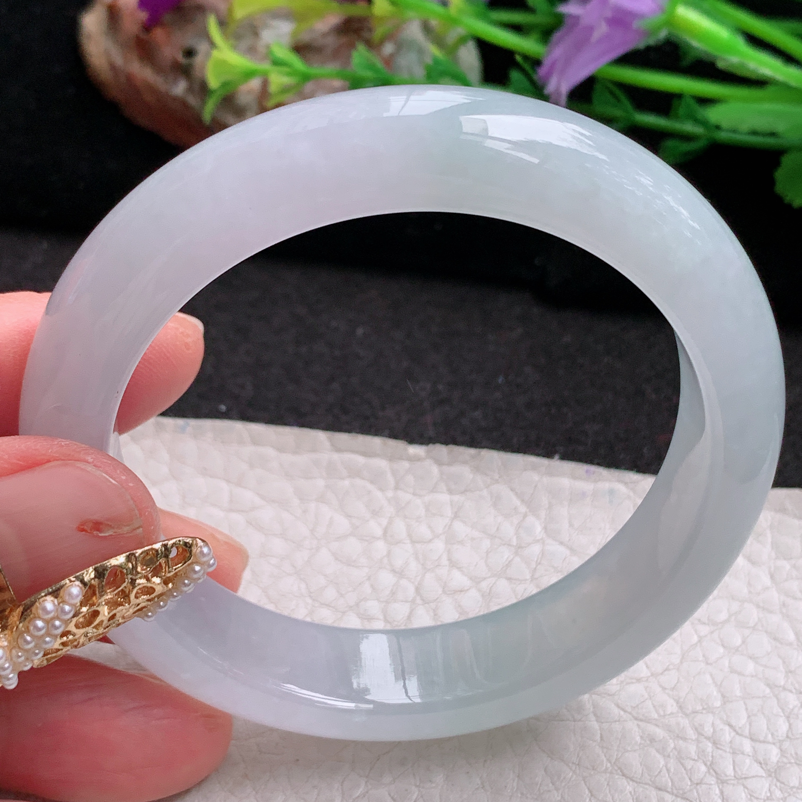 r冰纯款55*12.8*9平安镯 天然缅甸翡翠a货手镯冰润白月光正圈玉镯子