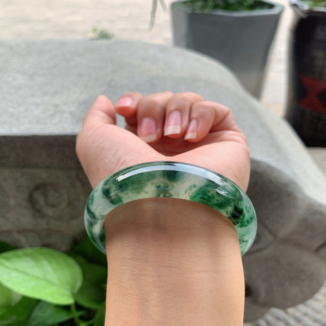 圈口 54.3-14-7.6【冰绿飘花正圈手镯】正圈54 55可戴