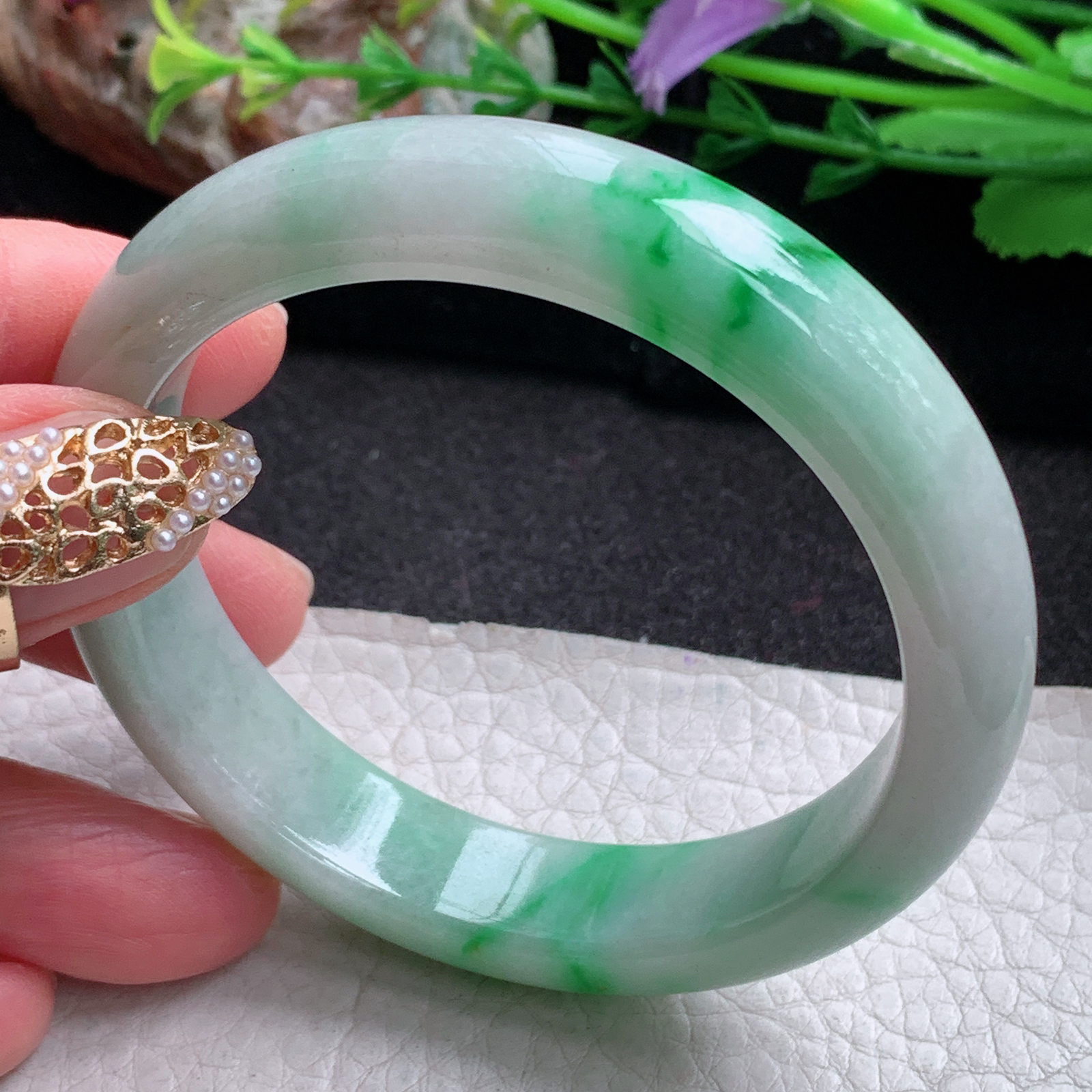 xx实拍54*12.3*8平安镯 天然缅甸翡翠a货手镯飘阳绿正圈玉镯子