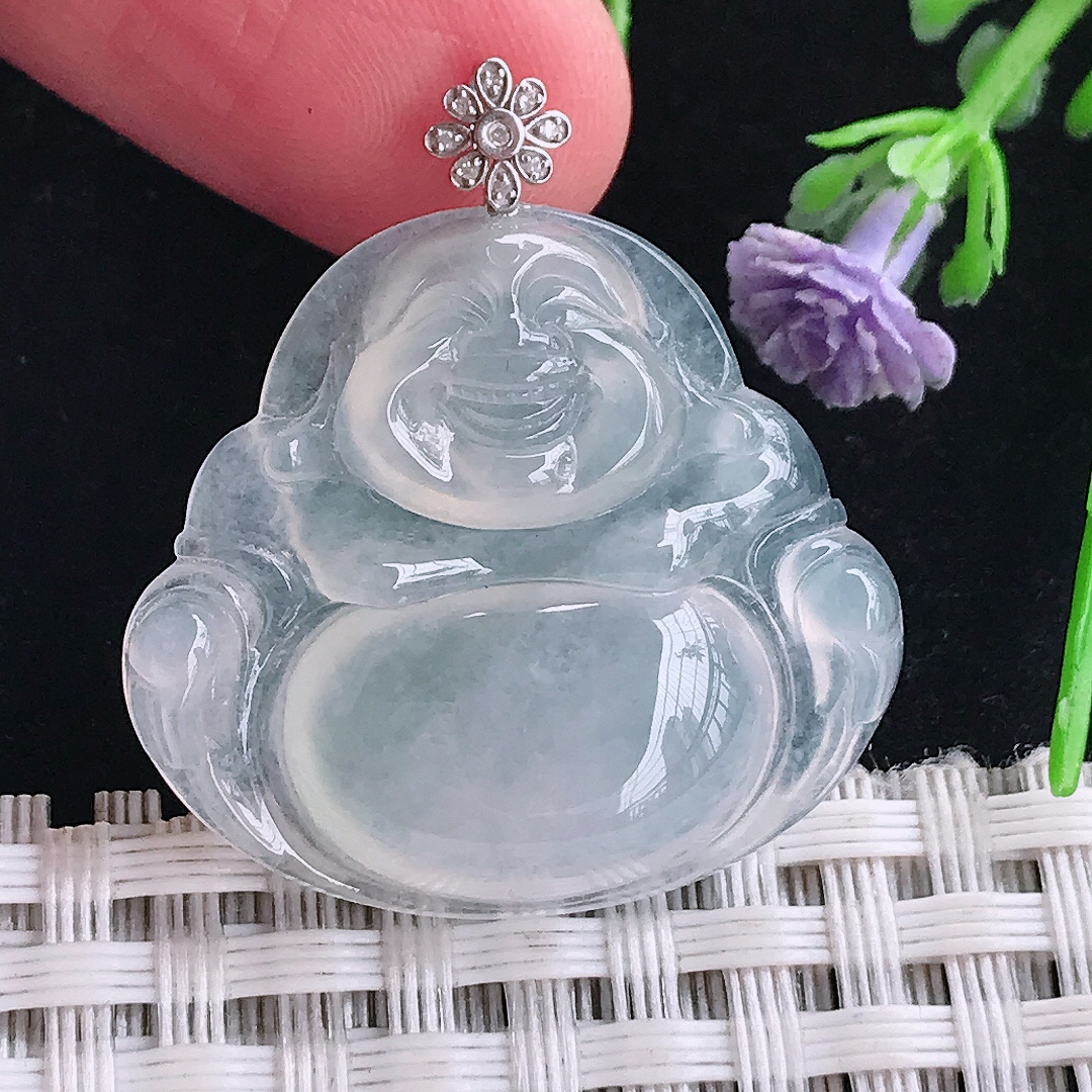 实拍天然a货翡翠26.3/29/5.9老坑18k金镶嵌白冰种佛公吊坠翡翠玉坠挂件