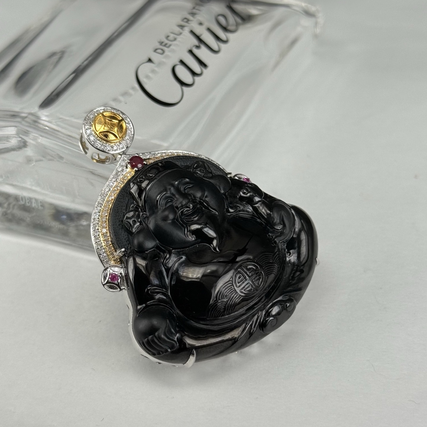 精品18k墨翠财神爷 种好色正 黑度极好 打灯通透 油性十足  尺寸50.2