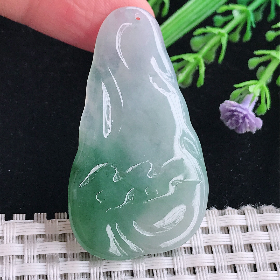 实拍a货翡翠49.5/28.3/5.8老坑冰润起胶飘花赐福观音吊坠翡翠玉坠挂件